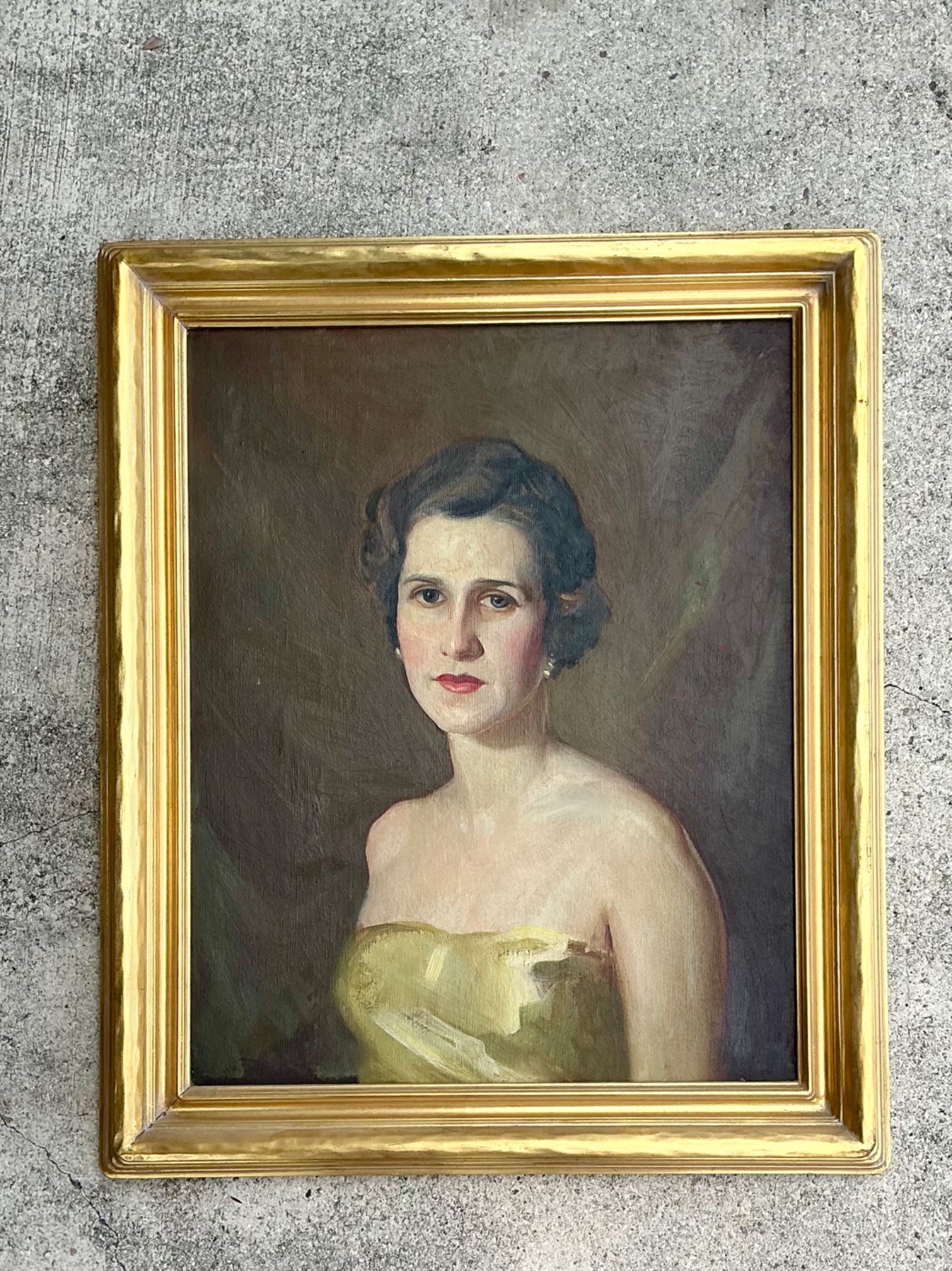 Vintage Oil Portrait of Woman in Gold Dress - Side view