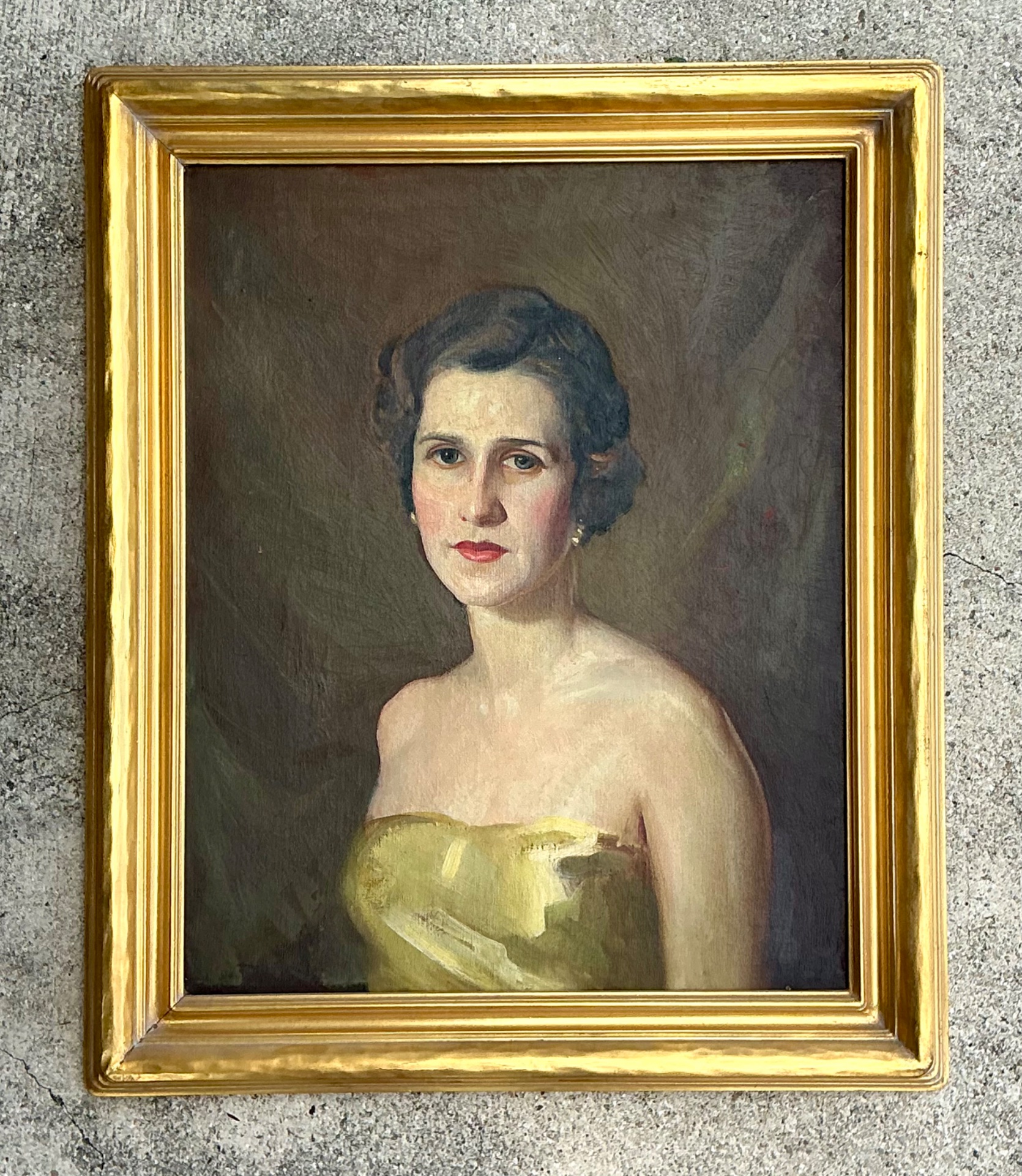 Vintage Oil Portrait of Woman in Gold Dress - Detail view