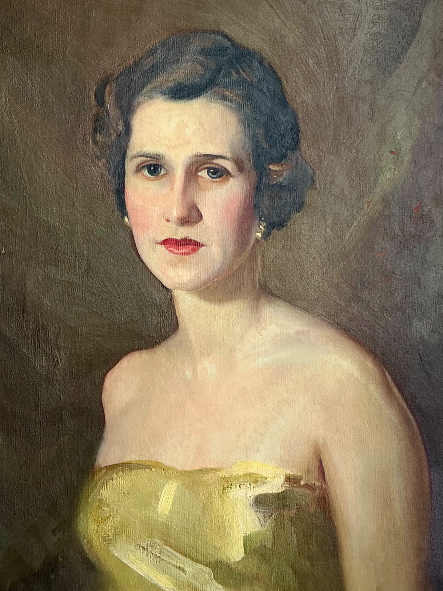 Vintage Oil Portrait of Woman in Gold Dress - Back view