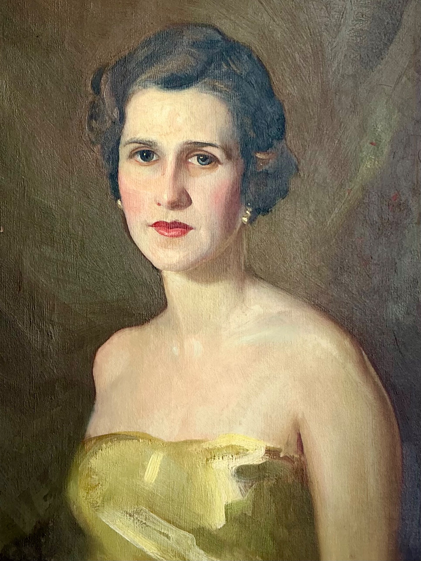 Vintage Oil Portrait of Woman in Gold Dress - Top view