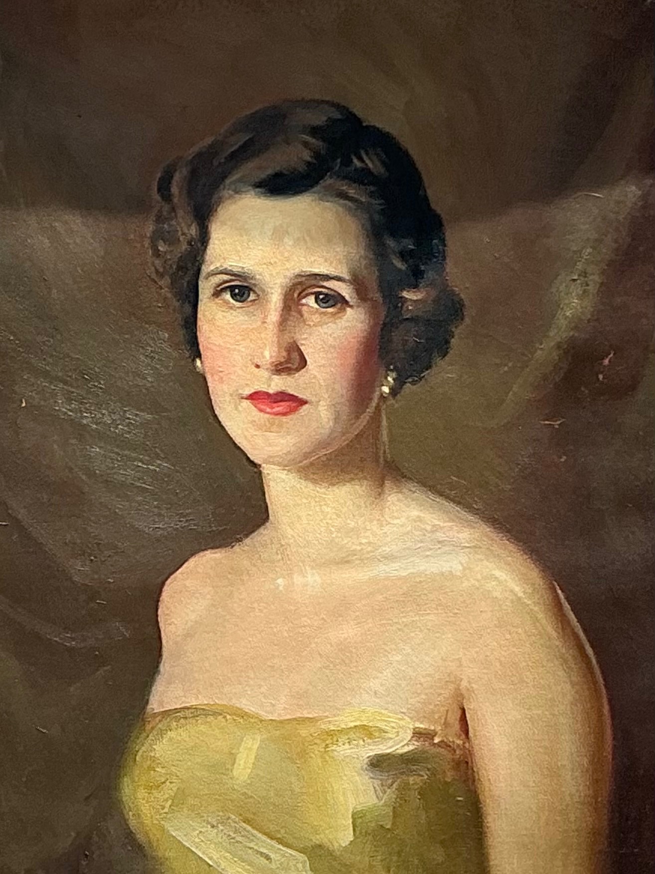 Vintage Oil Portrait of Woman in Gold Dress - Side view
