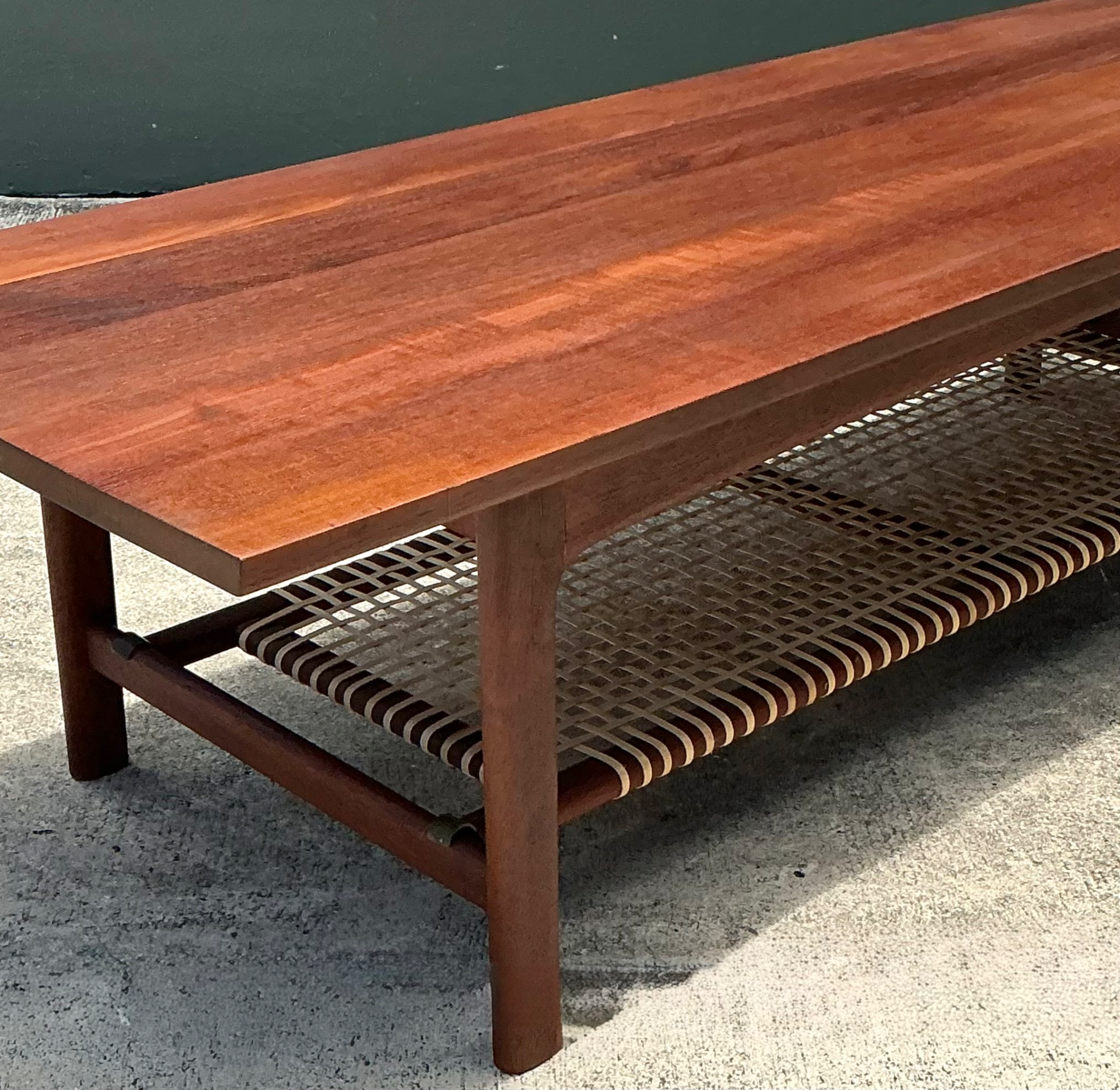 Vintage Swedish Dux Woven Leather And Teak Coffee Table - Side view