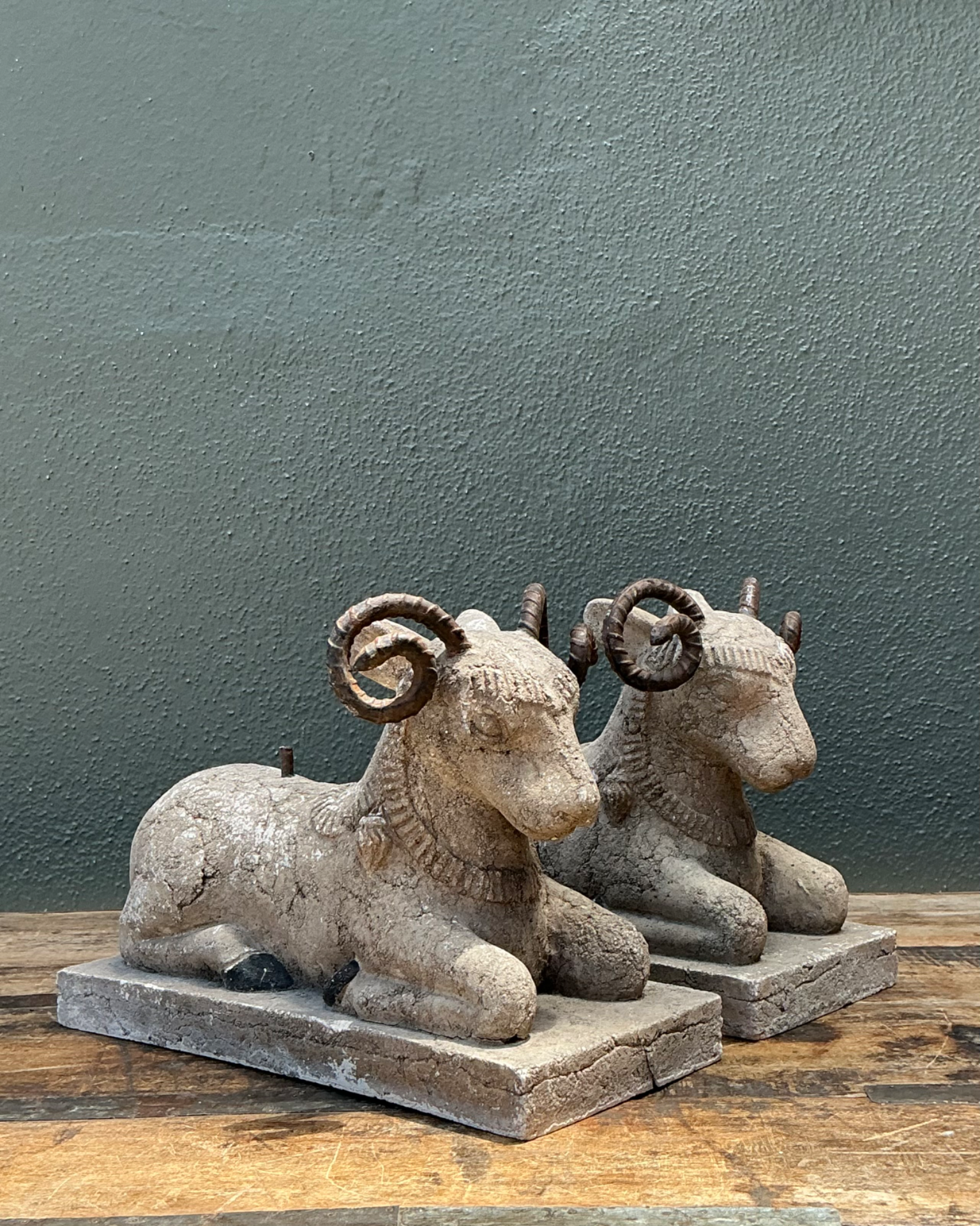 Vintage Plaster and Metal Ram Sculptures - Pair - Side view