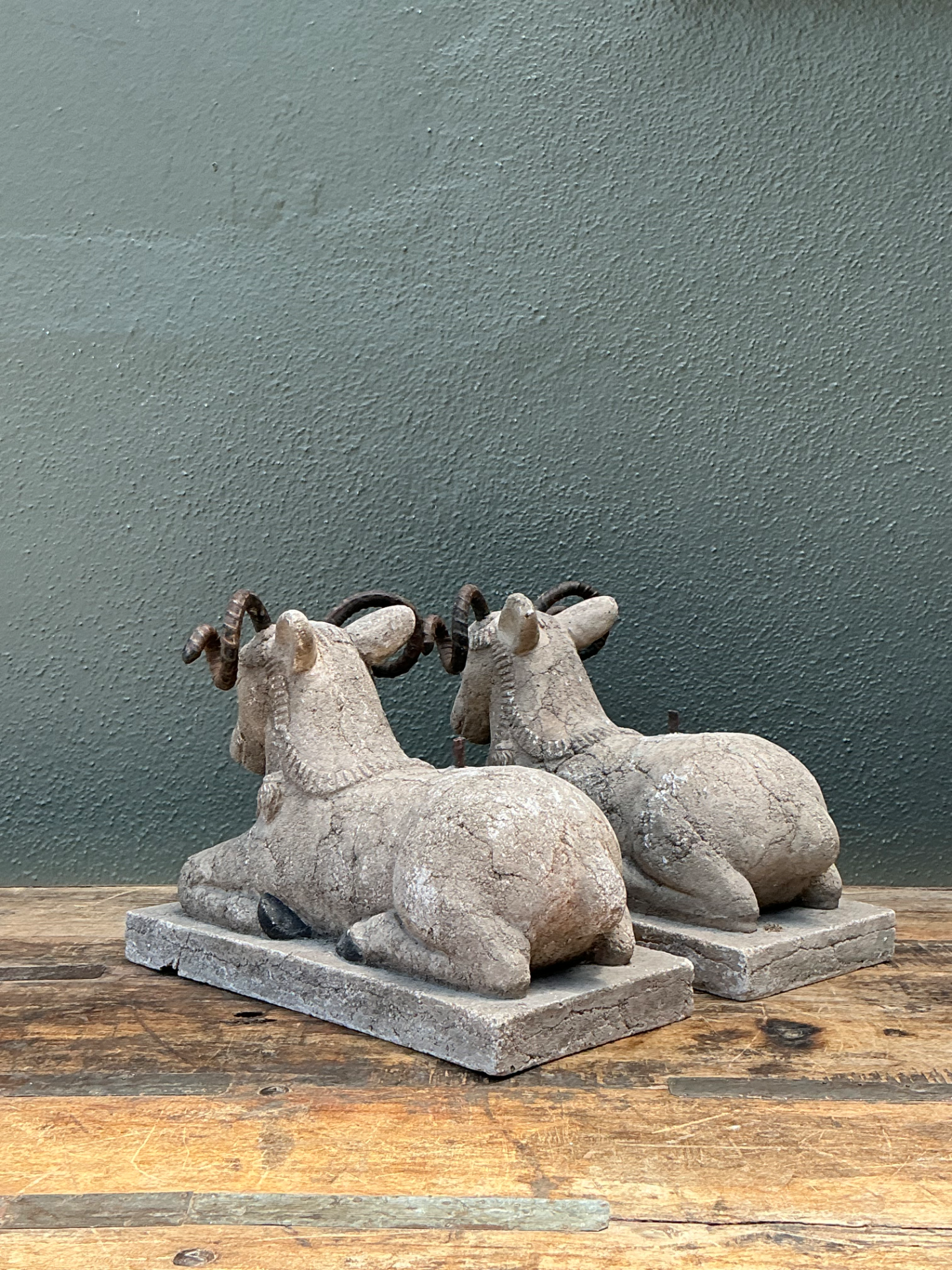 Vintage Plaster and Metal Ram Sculptures - Pair - Detail view