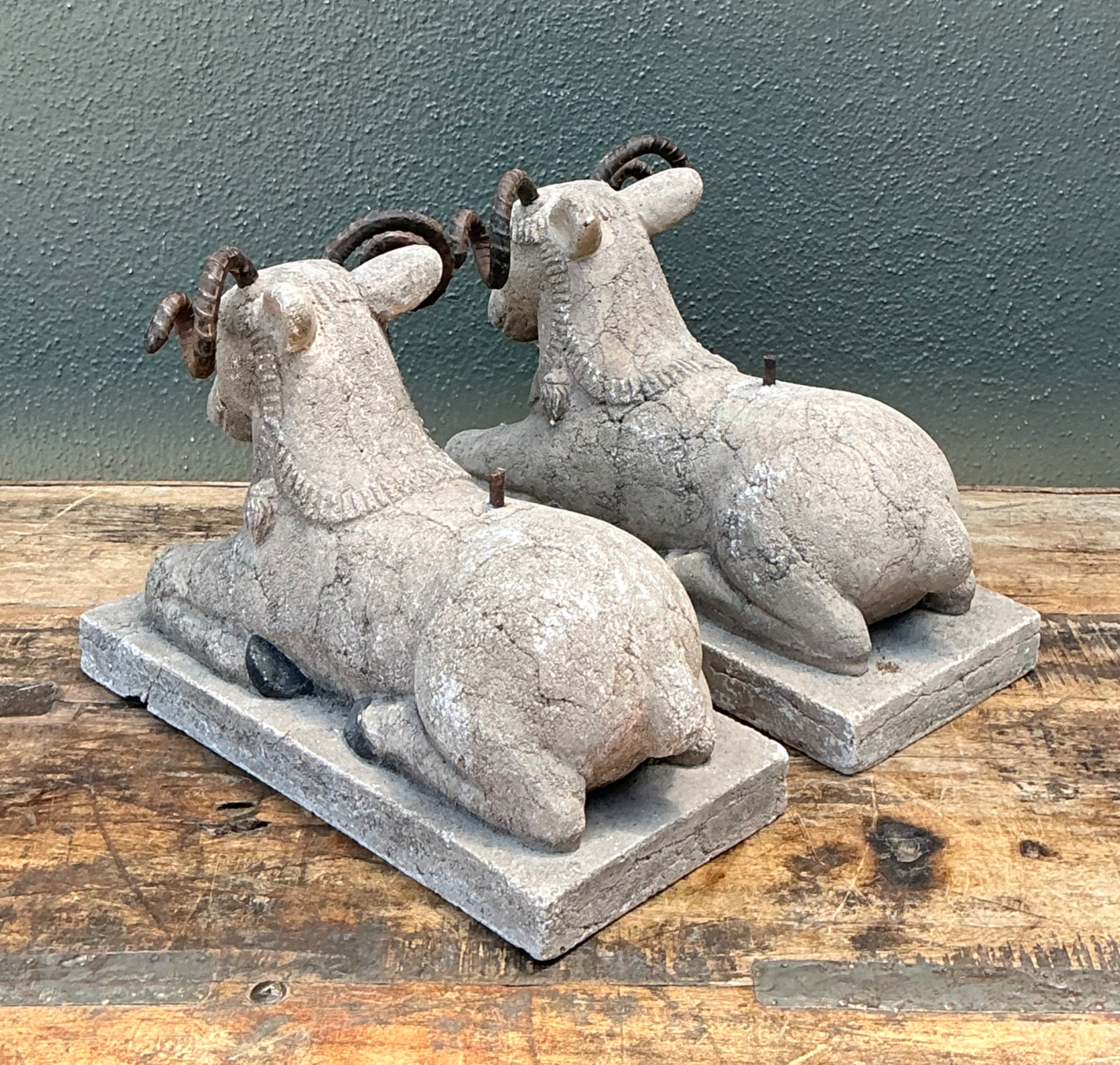 Vintage Plaster and Metal Ram Sculptures - Pair - Top view