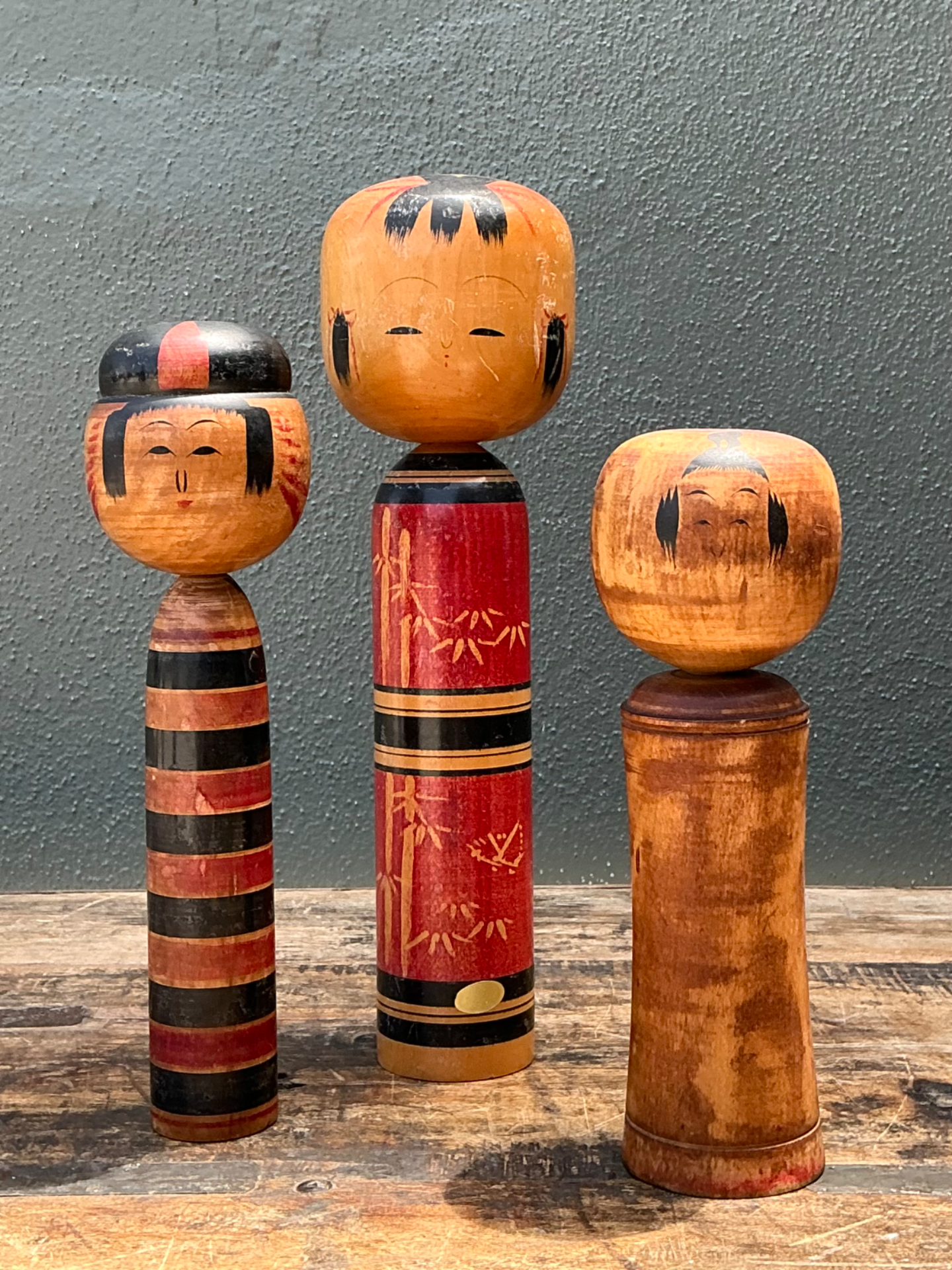 Vintage Japanese Kokeshi Dolls - Set of Three - Top view