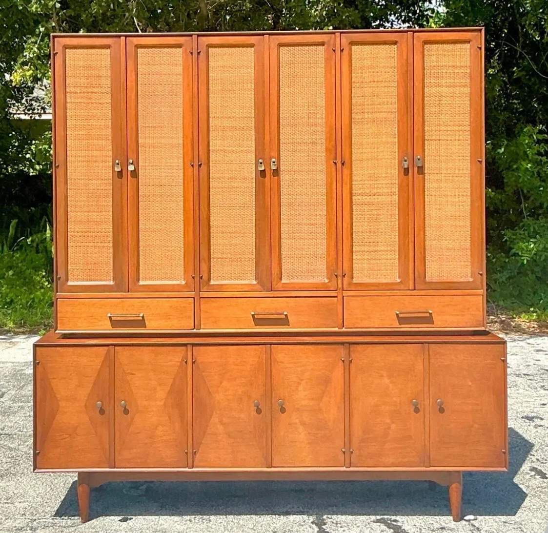 Vintage Mid-Century Modern Cane Front Cabinet - Side view