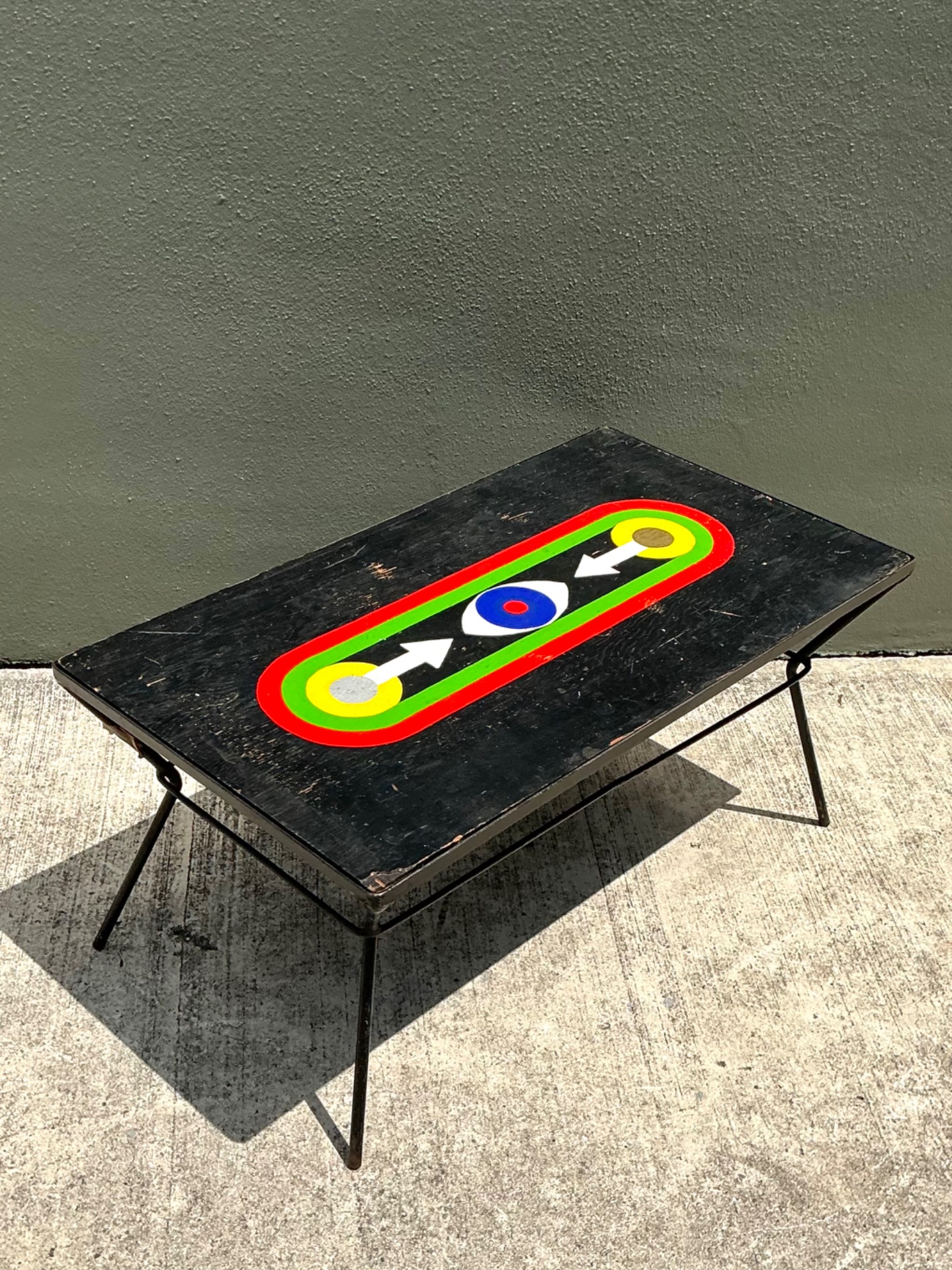 Vintage Geometric Painted Wood Table - Side view