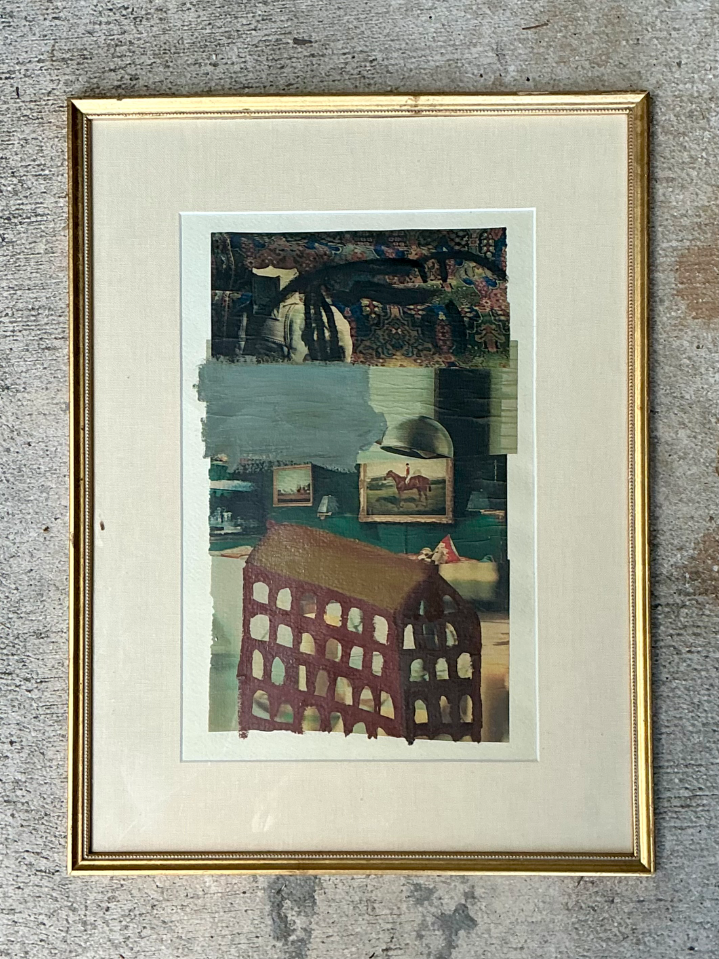 Vintage Framed Mixed Media Artwork on Paper - Detail view