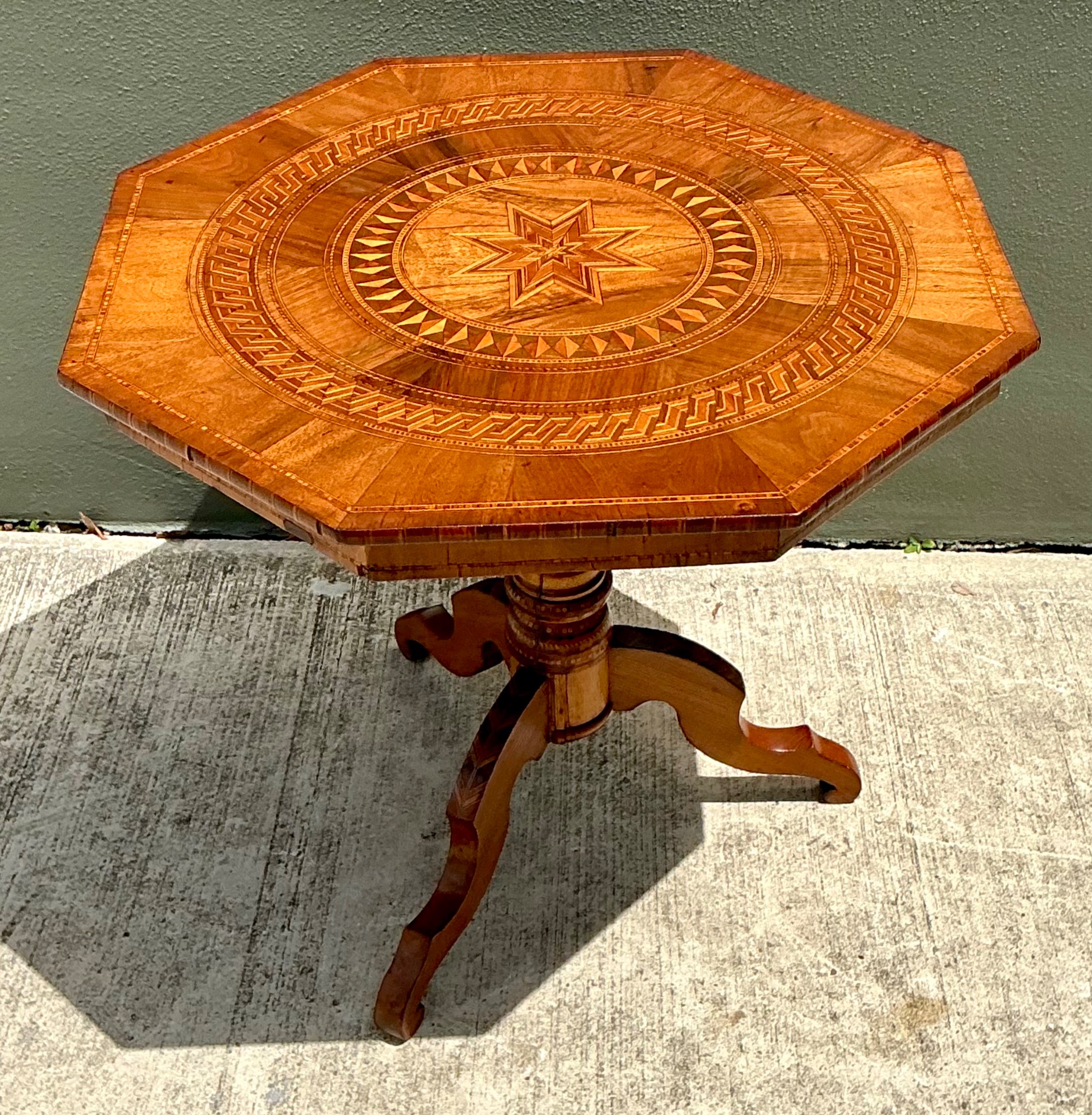 Vintage Marquetry Octagonal Wood Table - Top view