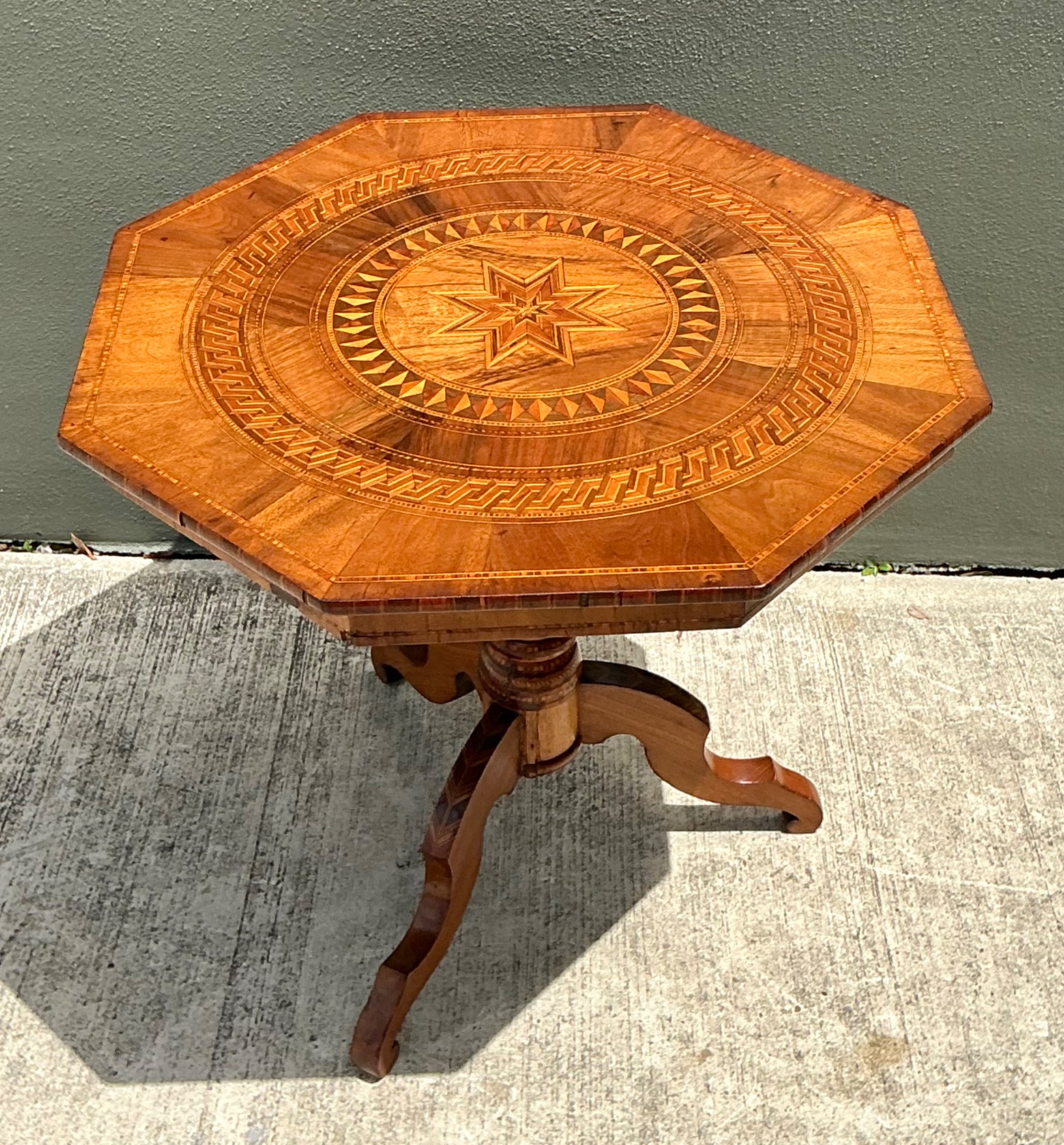 Vintage Marquetry Octagonal Wood Table - Back view