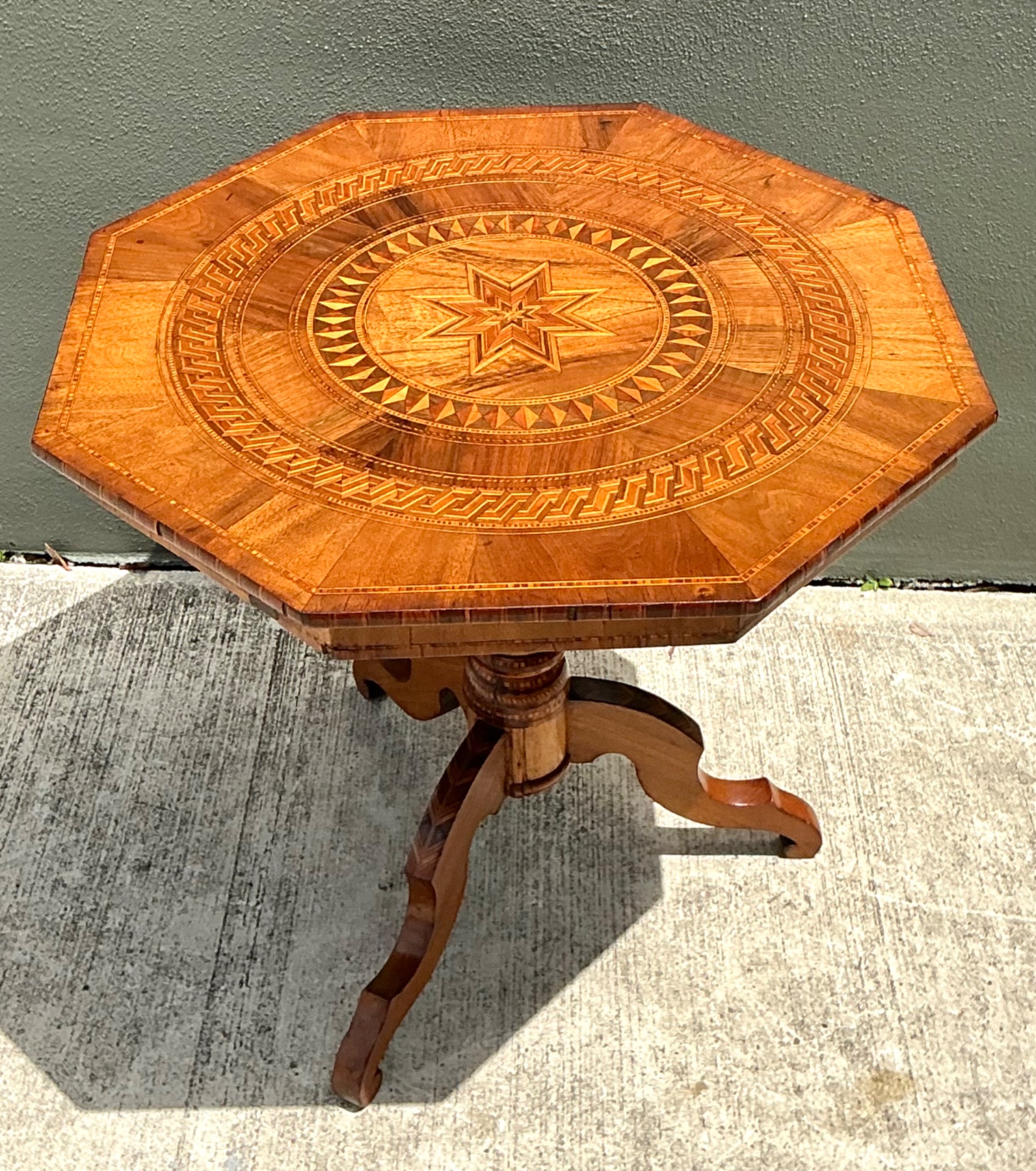 Vintage Marquetry Octagonal Wood Table - Back view