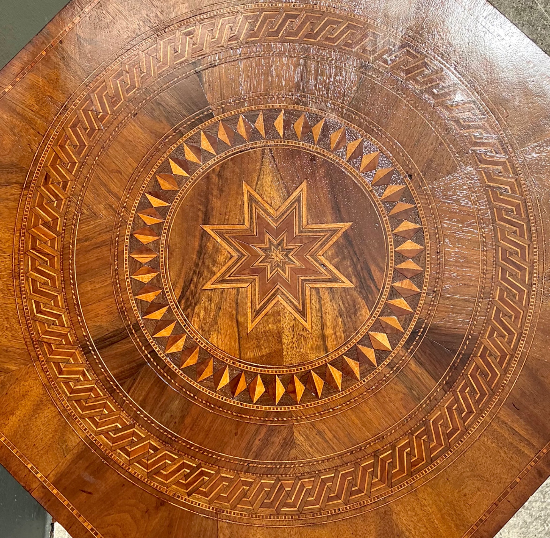 Vintage Marquetry Octagonal Wood Table - Side view