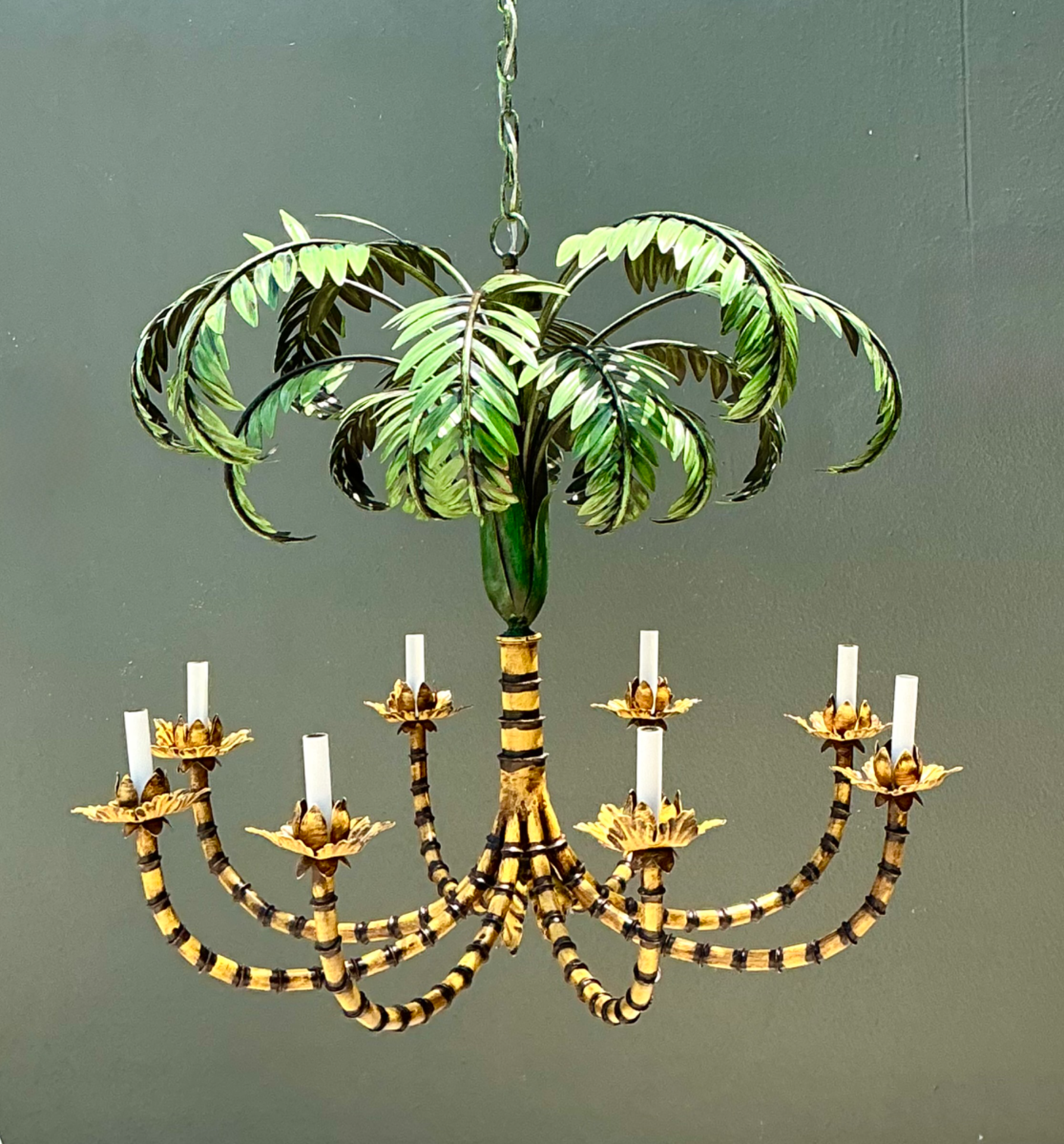 Vintage Tole Metal Palm Chandelier - Side view