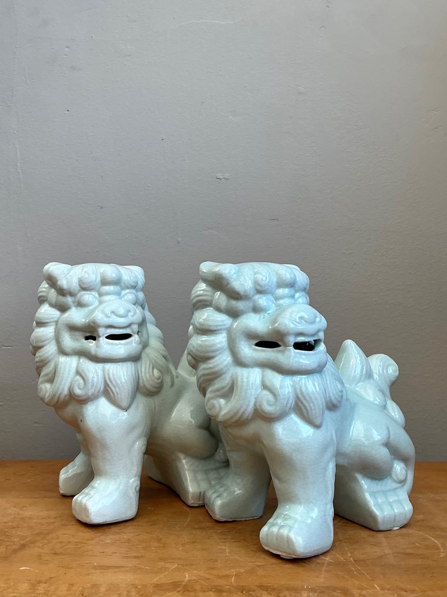 Vintage Celadon Glazed Foo Dogs - Set of 2 - Back view