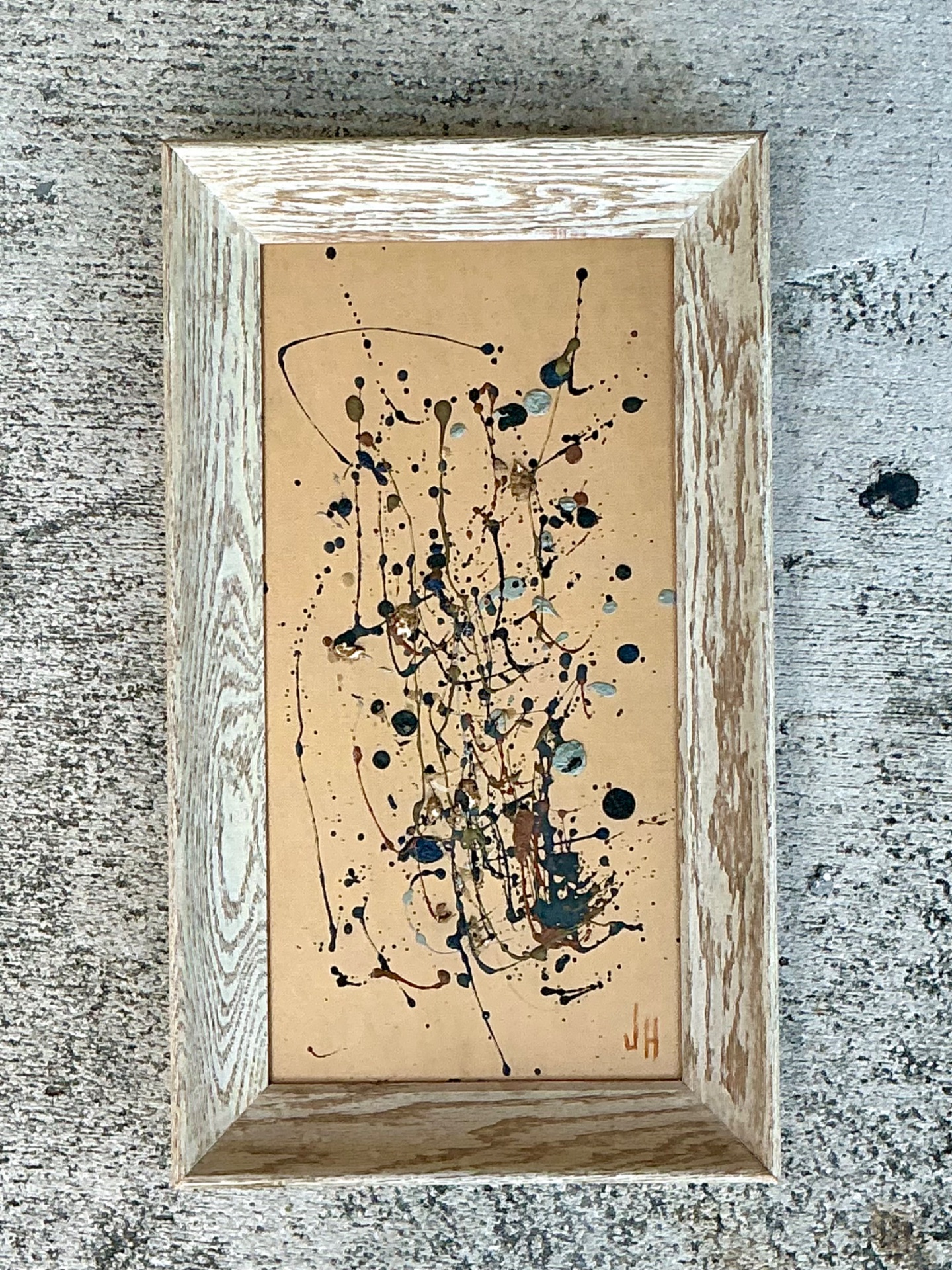 Vintage Abstract Drip Painting in Frame - Side view
