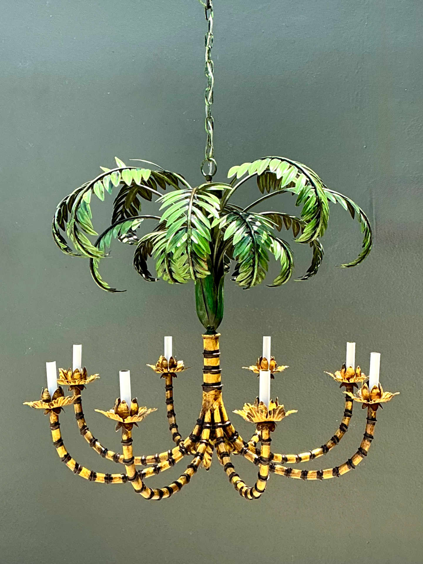 Vintage Tole Metal Palm Chandelier - Top view