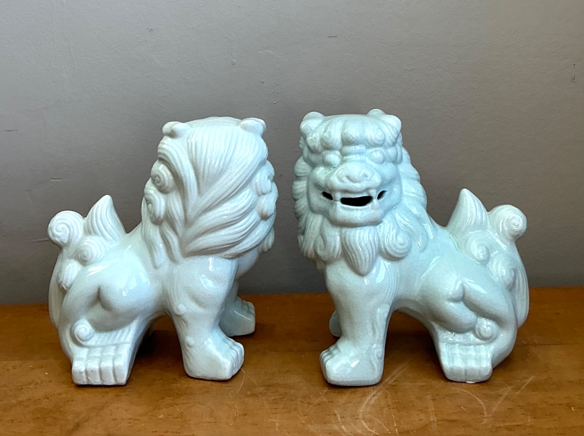 Vintage Celadon Glazed Foo Dogs - Set of 2 - Top view