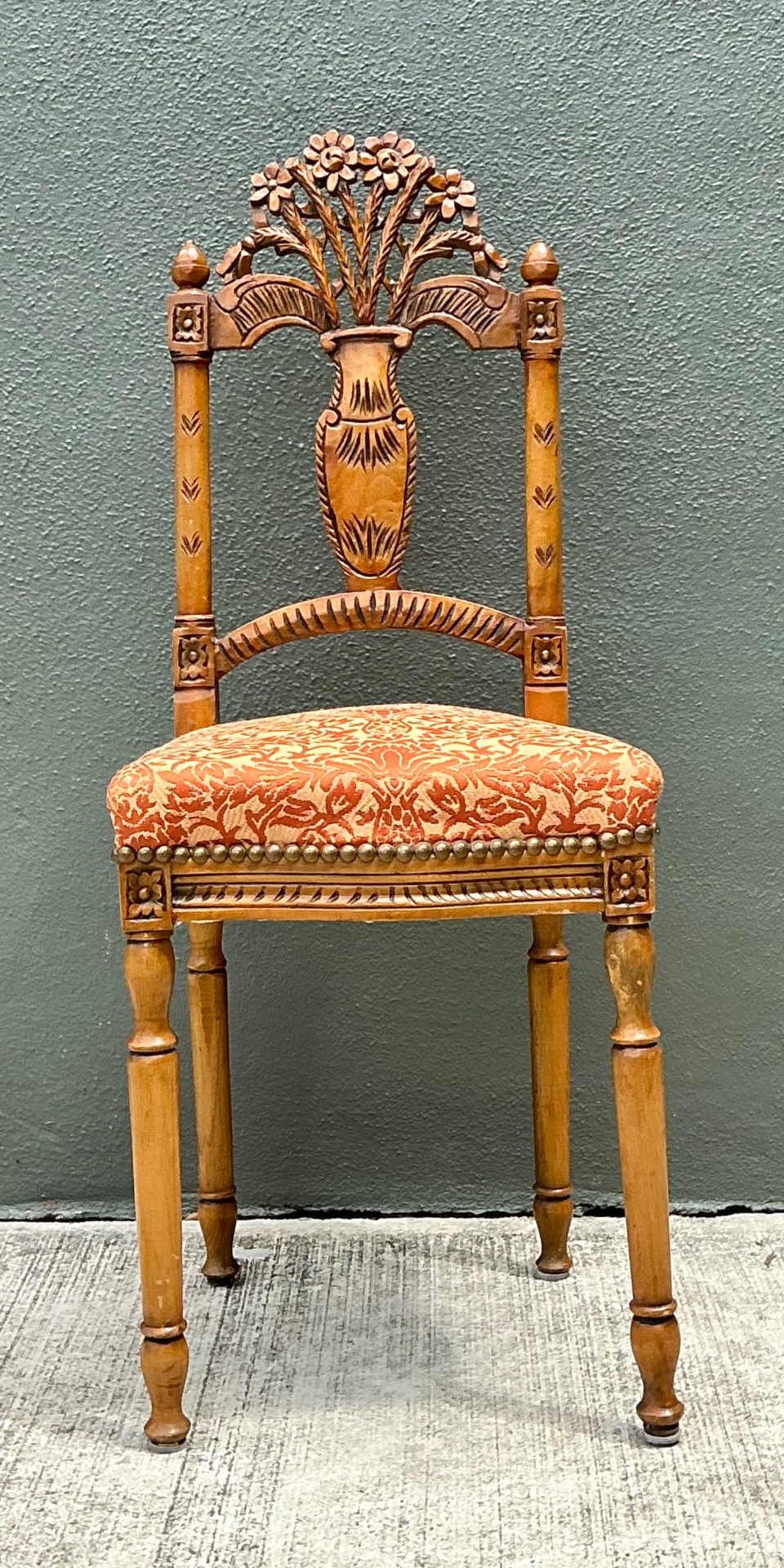 Vintage Wood Chair with Floral Carving - Detail view