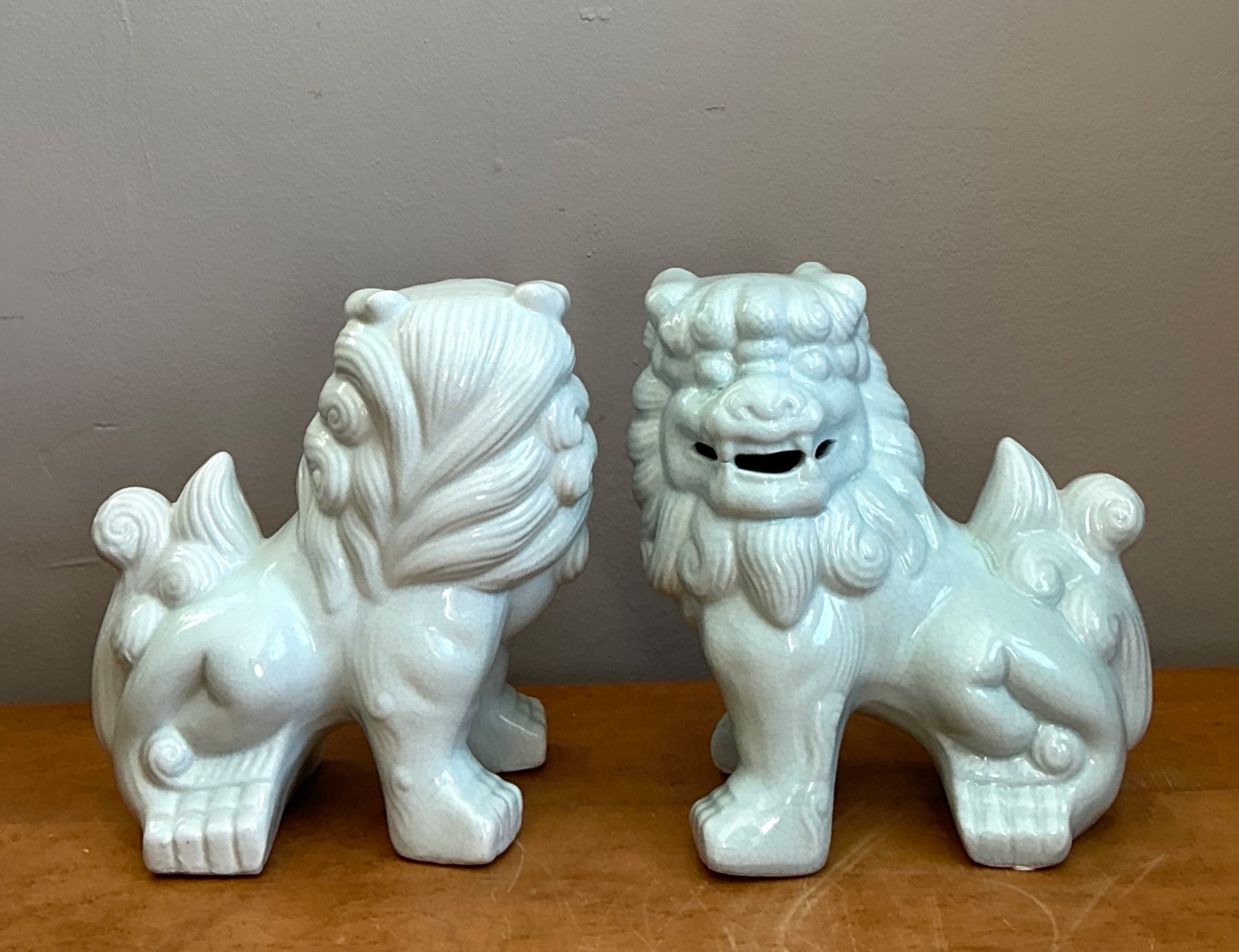 Vintage Celadon Glazed Foo Dogs - Set of 2 - Detail view