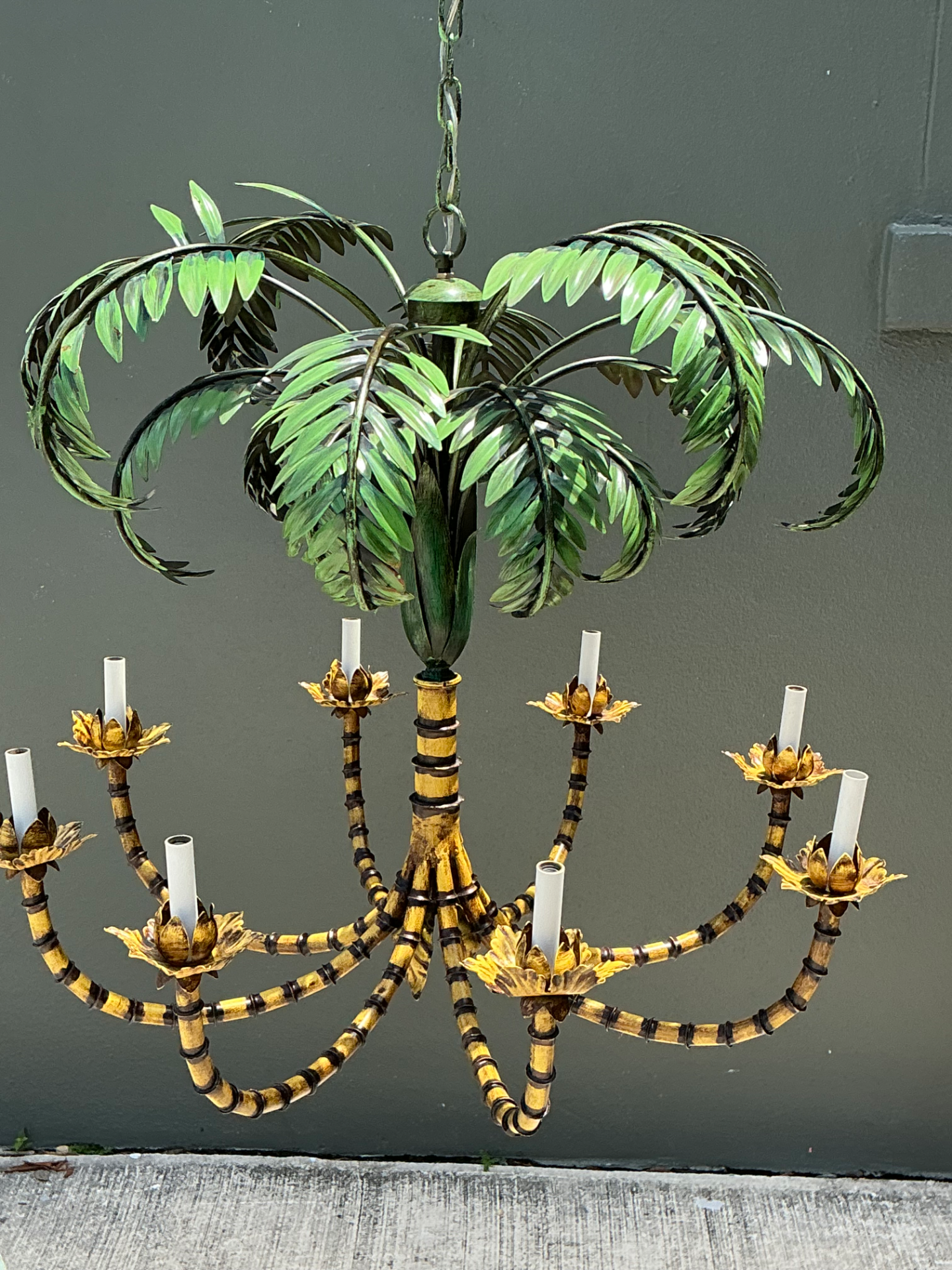 Vintage Tole Metal Palm Chandelier - Back view
