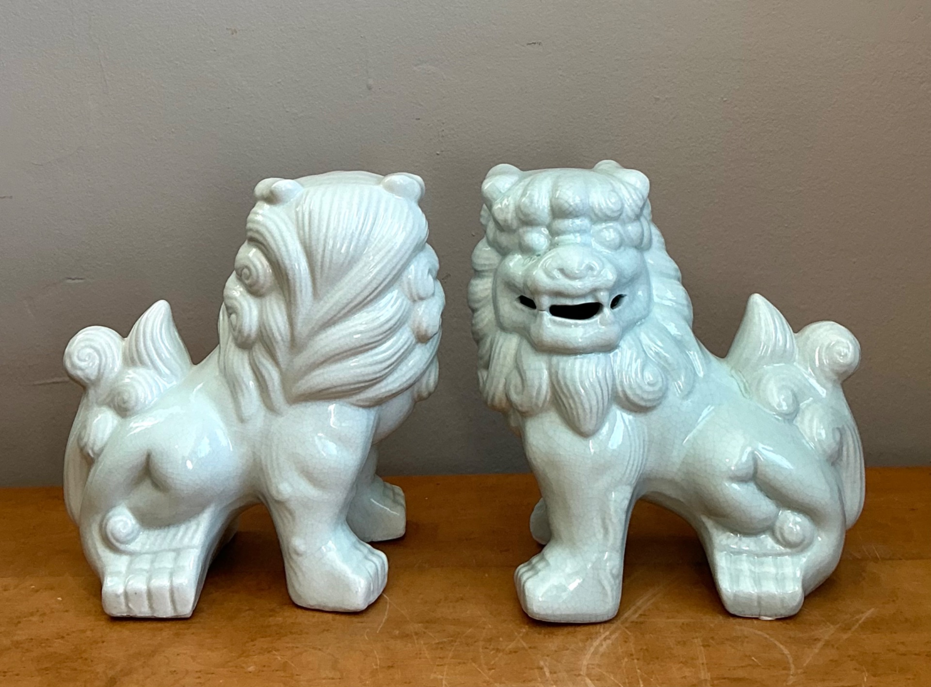 Vintage Celadon Glazed Foo Dogs - Set of 2 - Side view