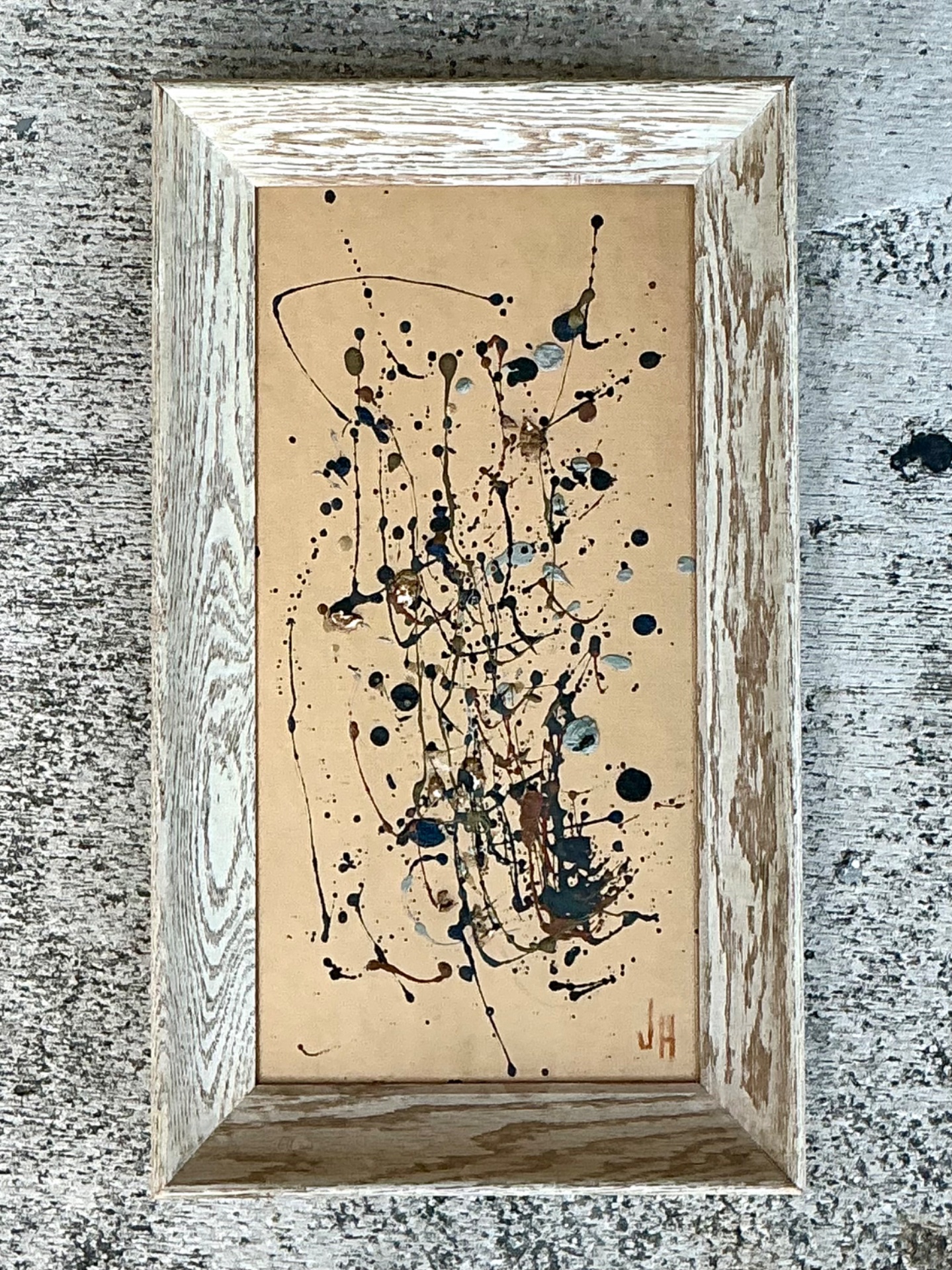 Vintage Abstract Drip Painting in Frame - Detail view