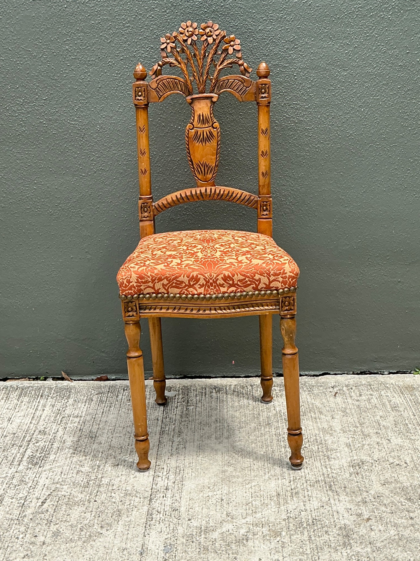 Vintage Wood Chair with Floral Carving - Side view