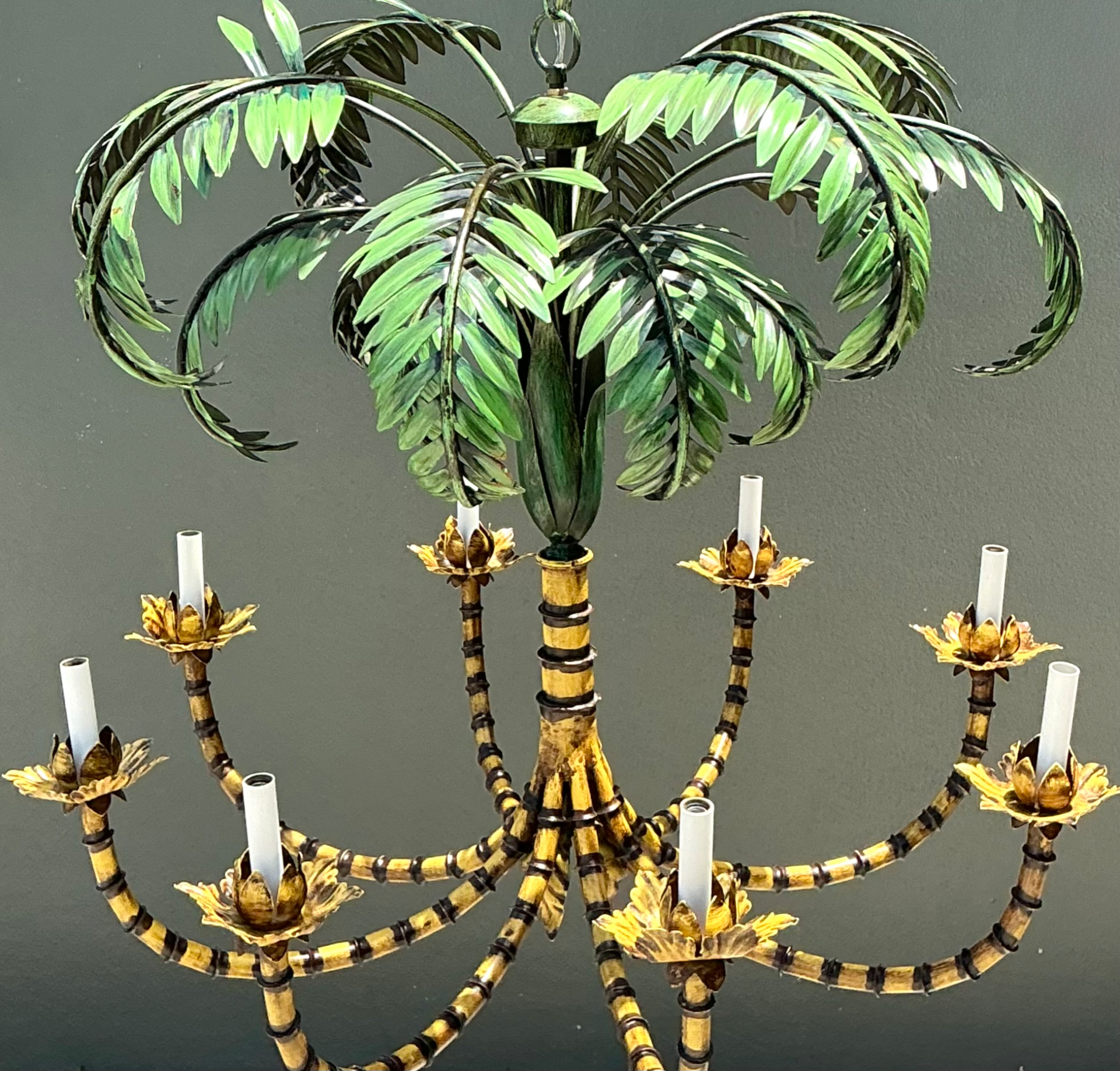 Vintage Tole Metal Palm Chandelier - Detail view
