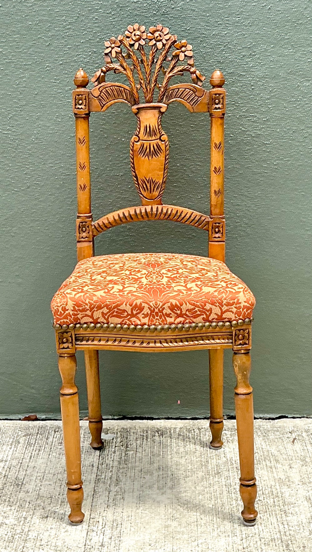 Vintage Wood Chair with Floral Carving - Back view