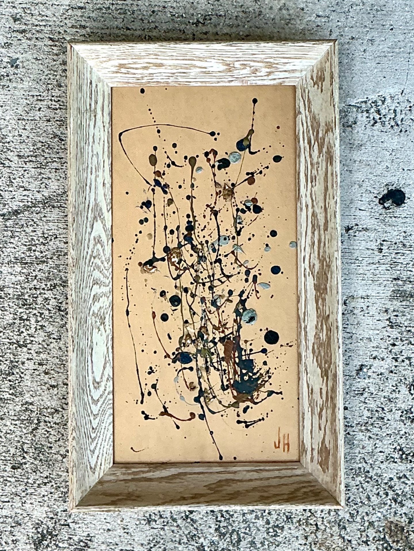 Vintage Abstract Drip Painting in Frame - Back view