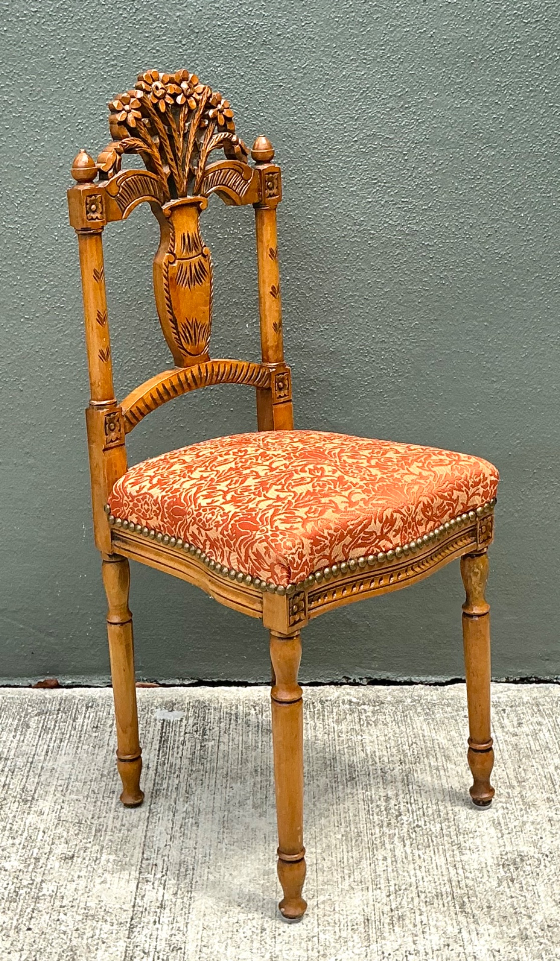 Vintage Wood Chair with Floral Carving - Side view