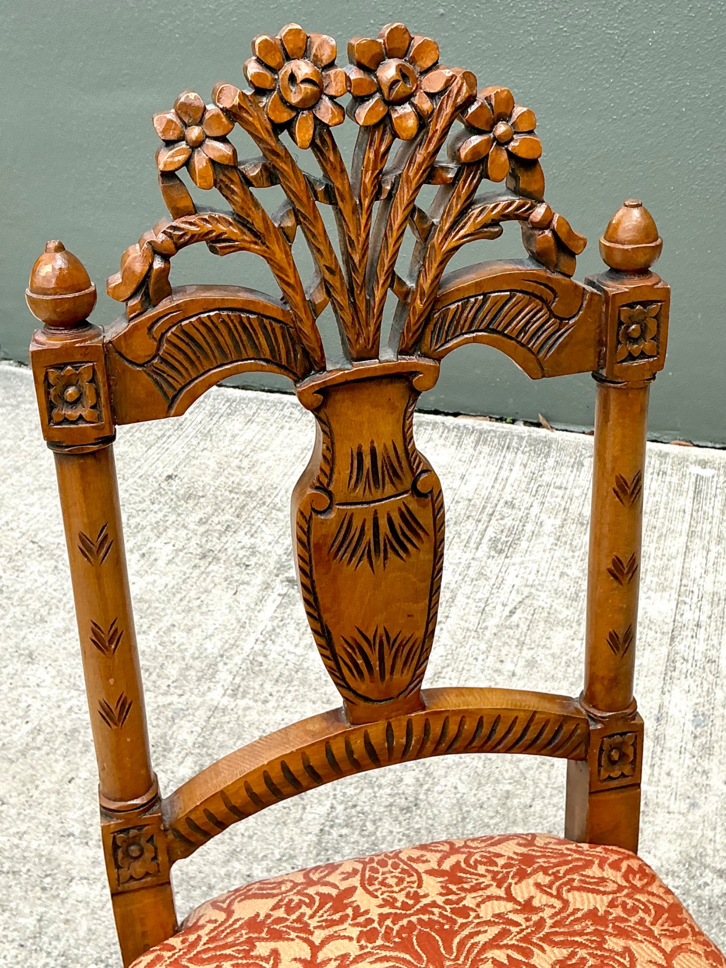 Vintage Wood Chair with Floral Carving - Back view