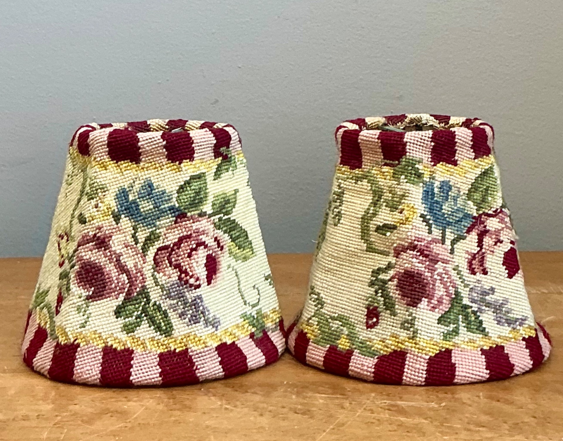 Vintage Needlepoint Floral Lamp Shades Pair - Detail view