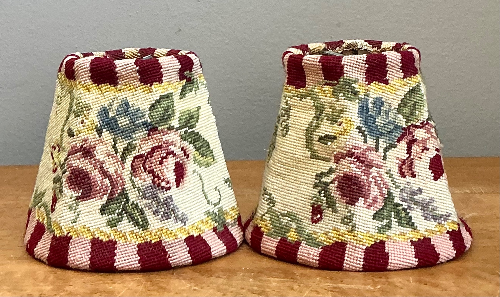 Vintage Needlepoint Floral Lamp Shades Pair - Back view