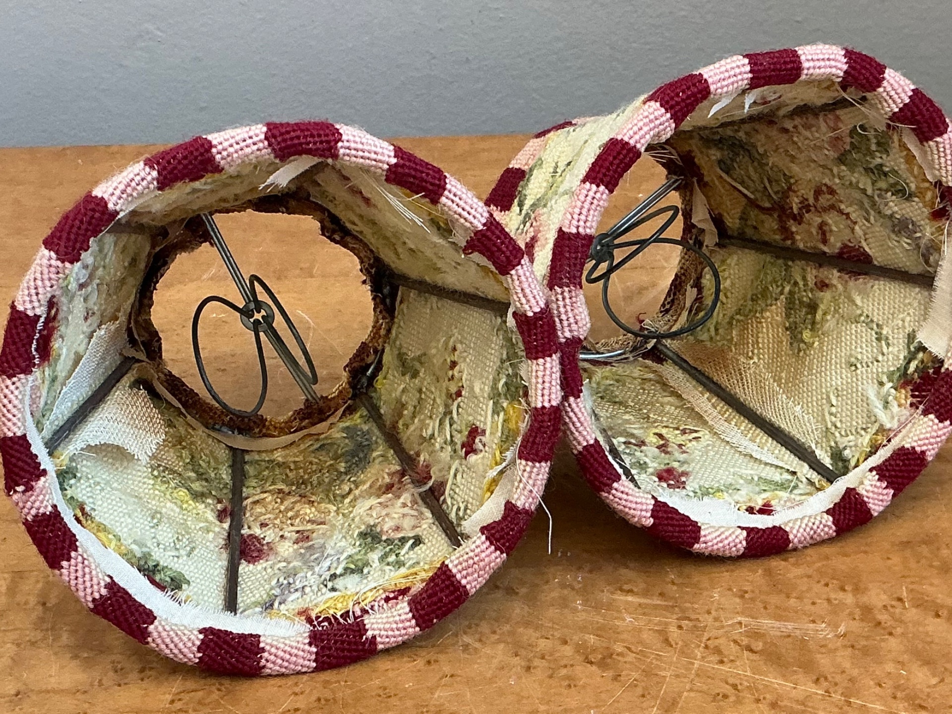 Vintage Needlepoint Floral Lamp Shades Pair - Side view