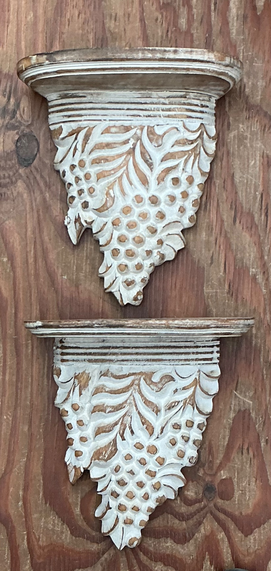 Vintage Carved Wood Grape Wall Brackets - Pair - Back view