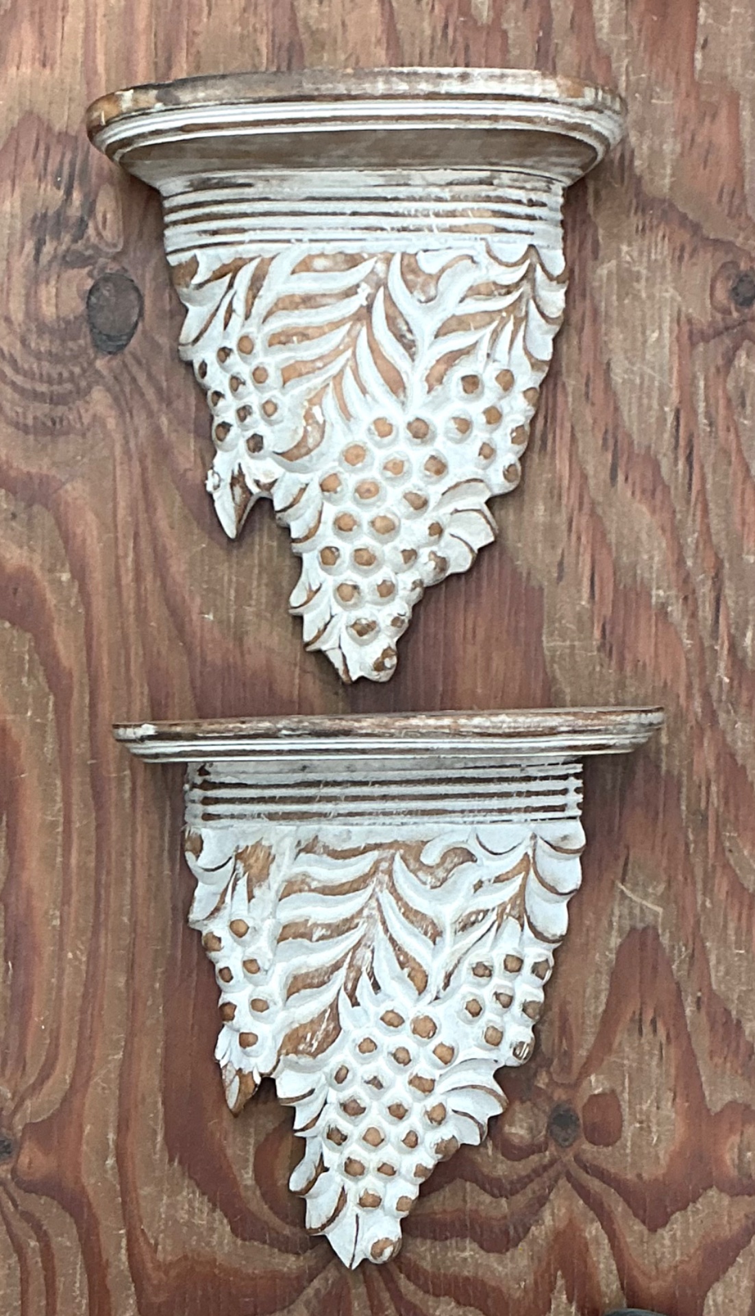 Vintage Carved Wood Grape Wall Brackets - Pair - Top view