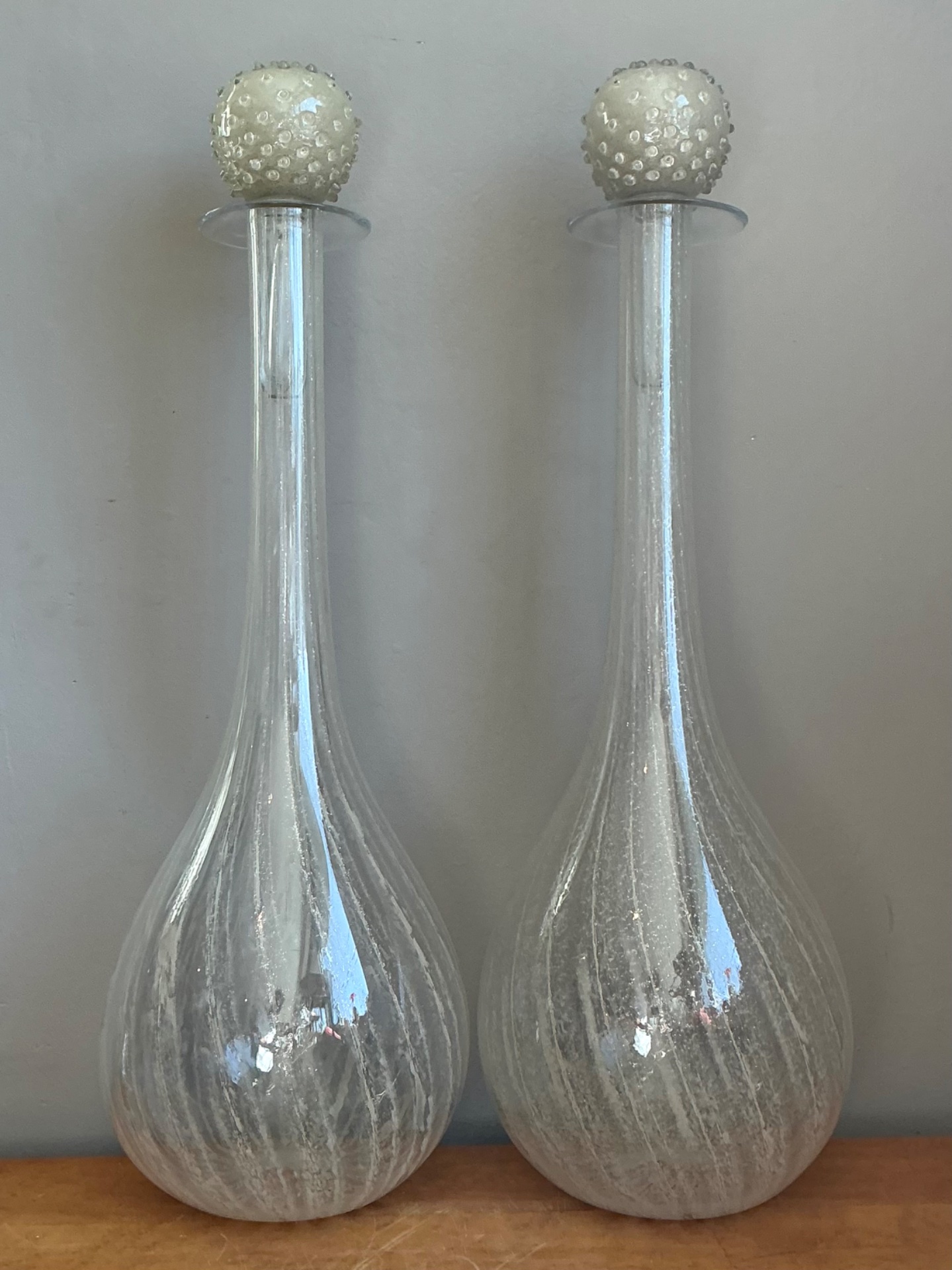 Vintage Monumental Murano Handblown Glass Bottles with Stoppers - Pair - Top view
