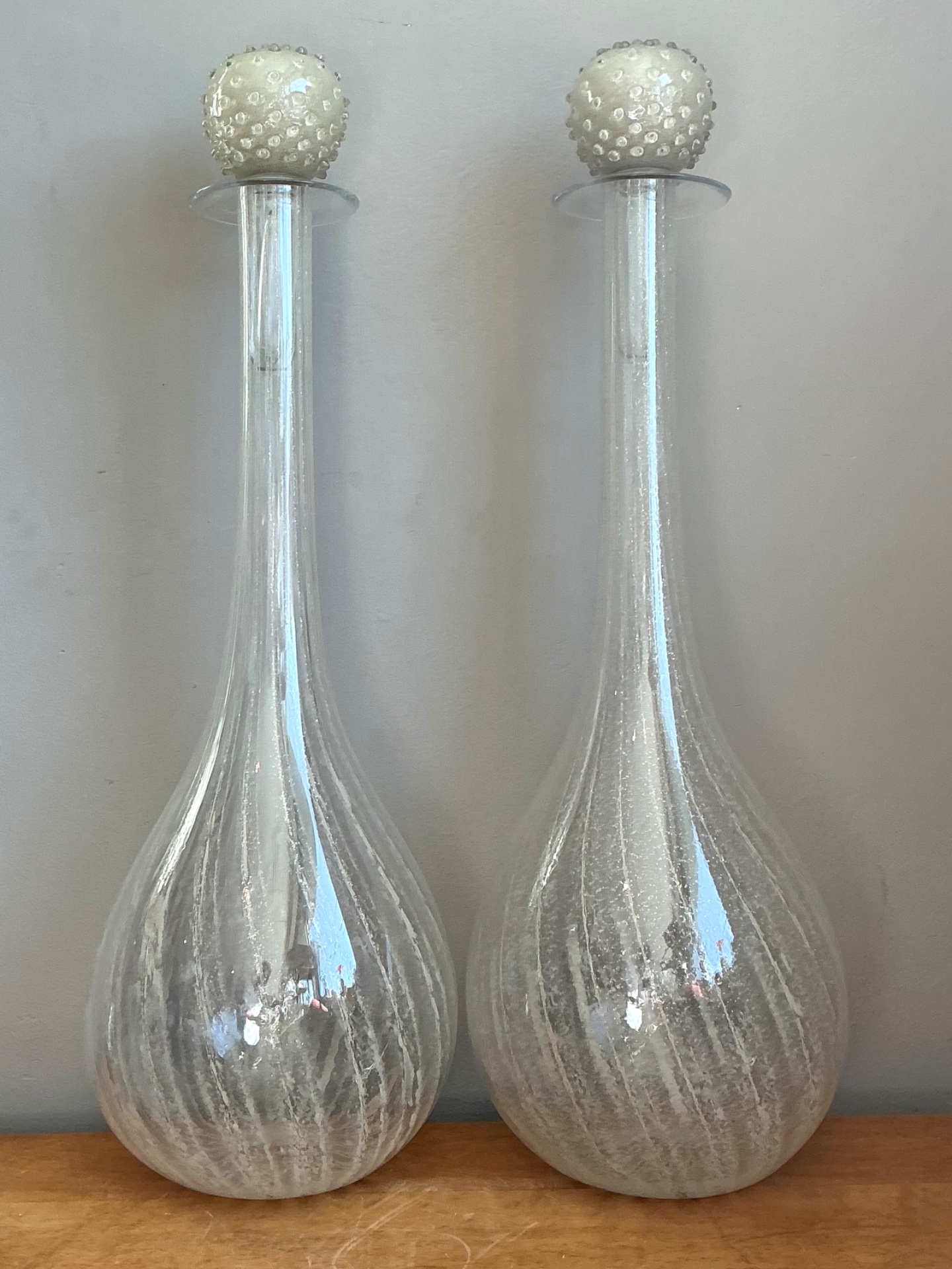 Vintage Monumental Murano Handblown Glass Bottles with Stoppers - Pair - Side view