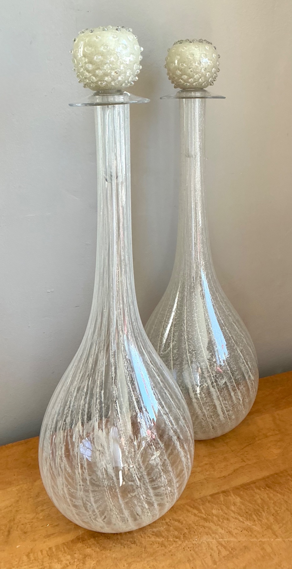 Vintage Monumental Murano Handblown Glass Bottles with Stoppers - Pair - Detail view