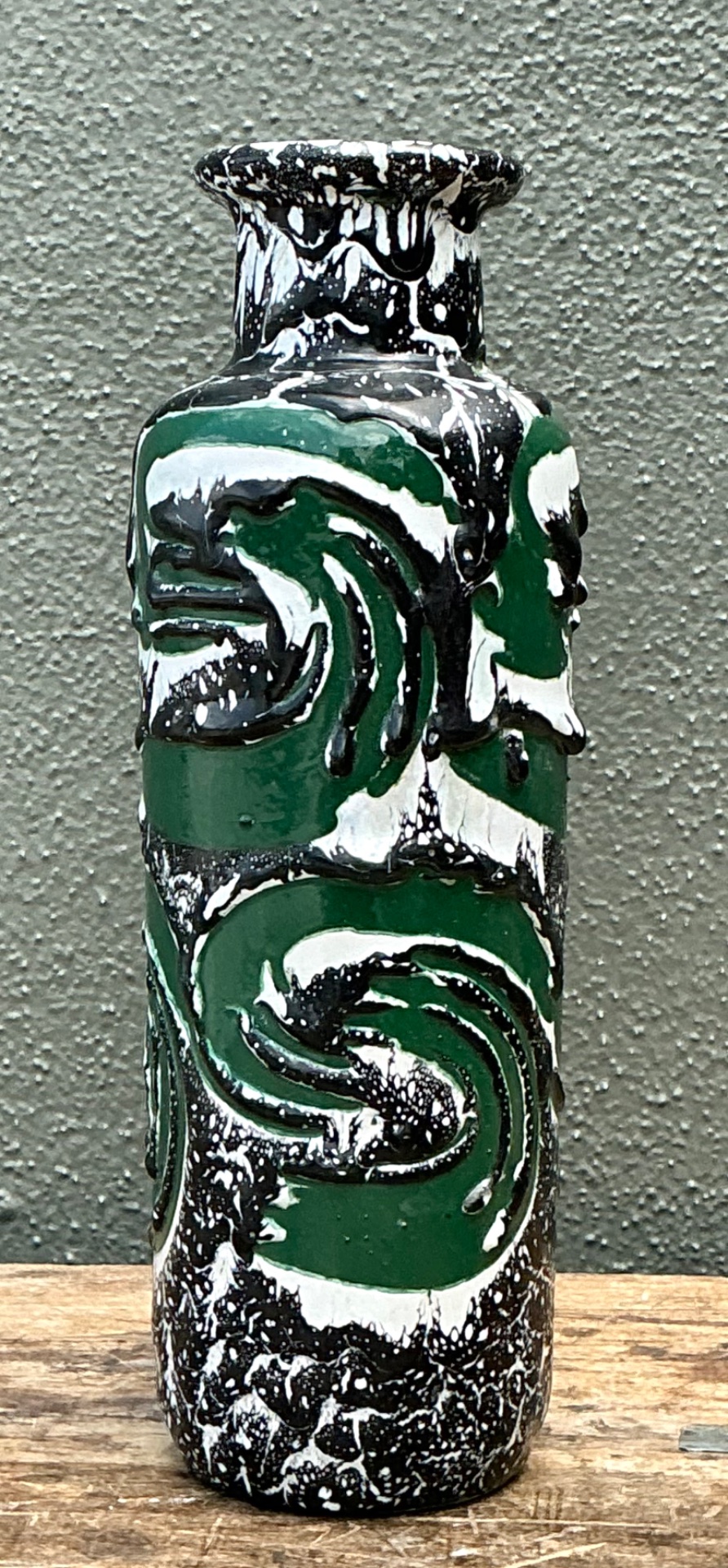 Vintage Hungarian Green Ceramic Vase with Abstract Relief - Side view