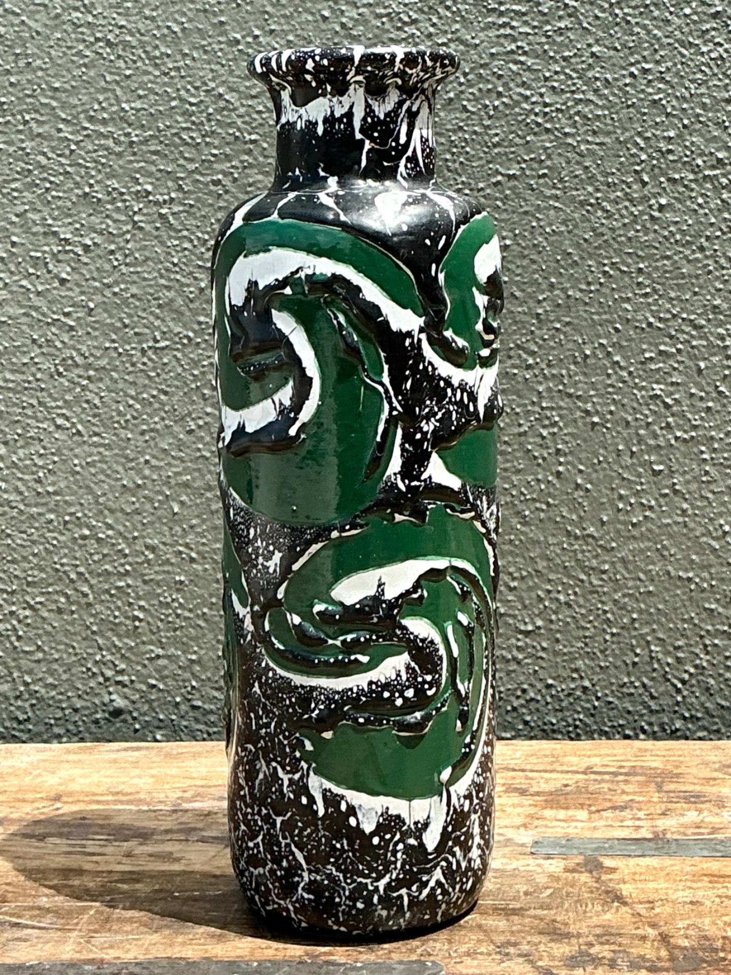 Vintage Hungarian Green Ceramic Vase with Abstract Relief - Detail view