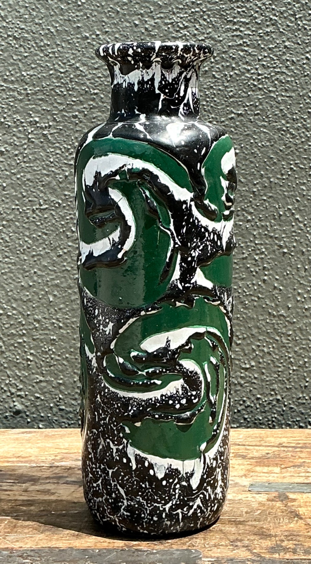 Vintage Hungarian Green Ceramic Vase with Abstract Relief - Back view