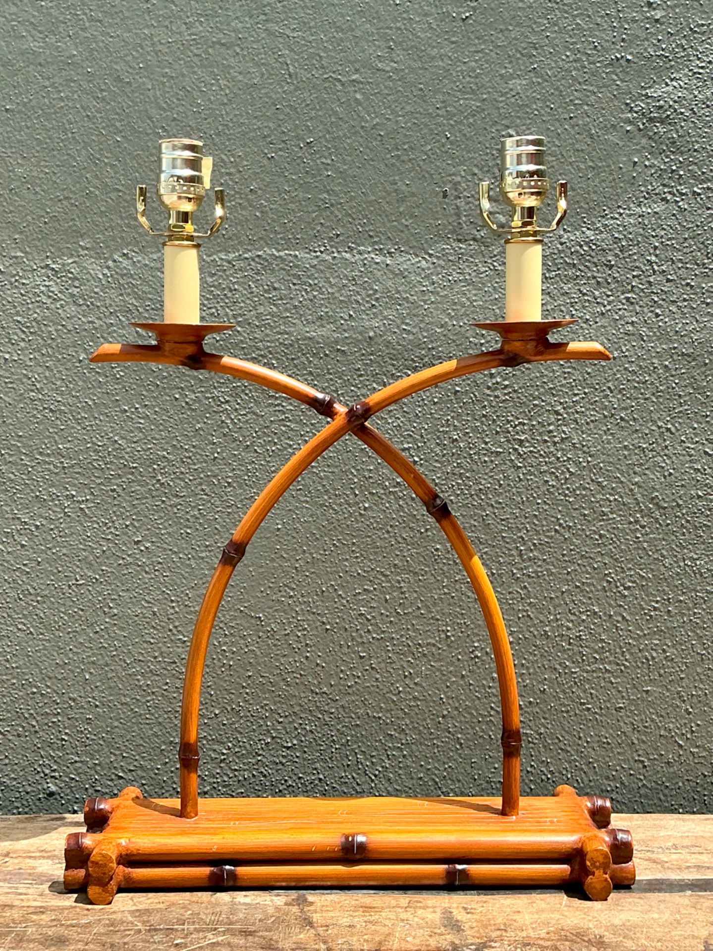 Vintage Faux Bamboo Double Arm Metal Lamp - Back view