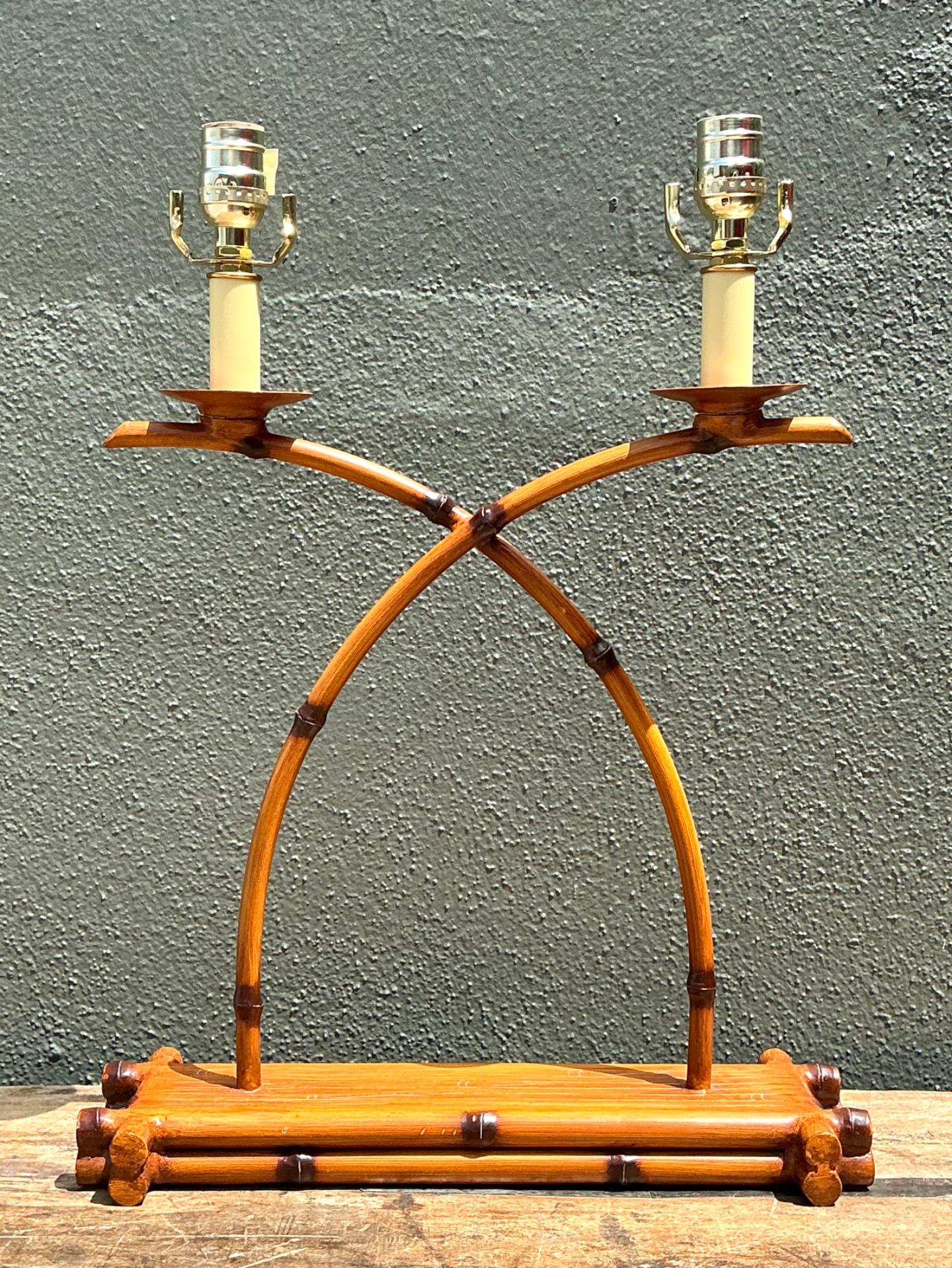 Vintage Faux Bamboo Double Arm Metal Lamp - Side view