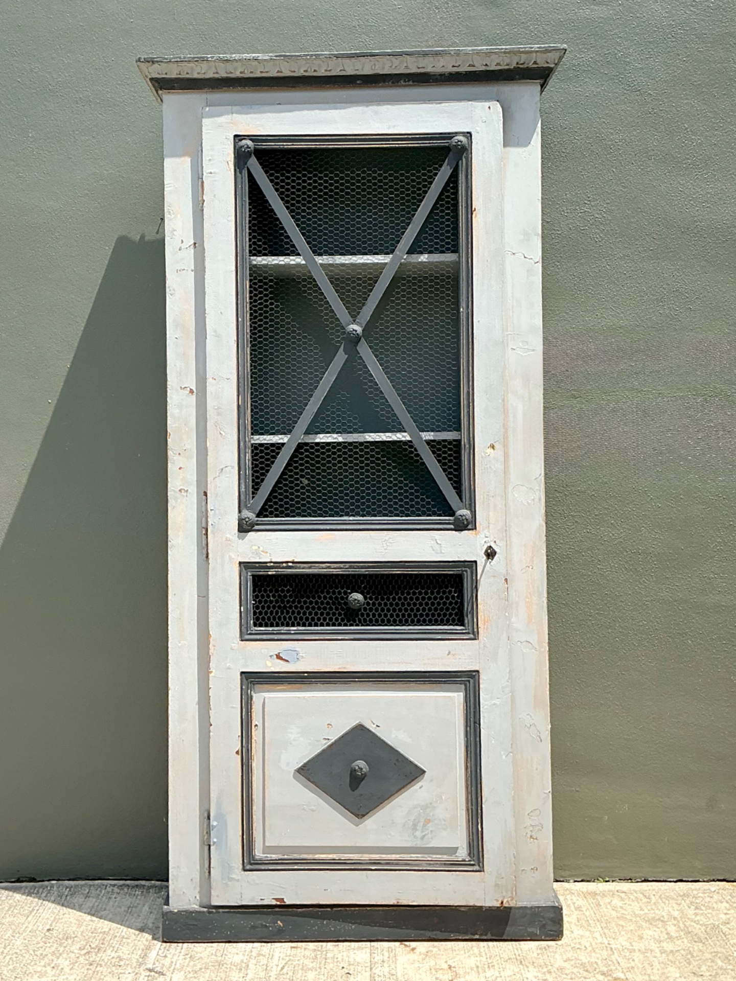 Vintage French Distressed Metal and Wood Cabinet - Back view