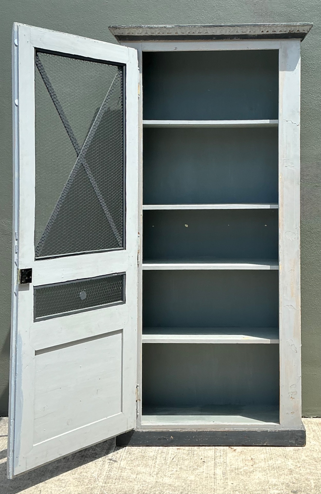 Vintage French Distressed Metal and Wood Cabinet - Detail view