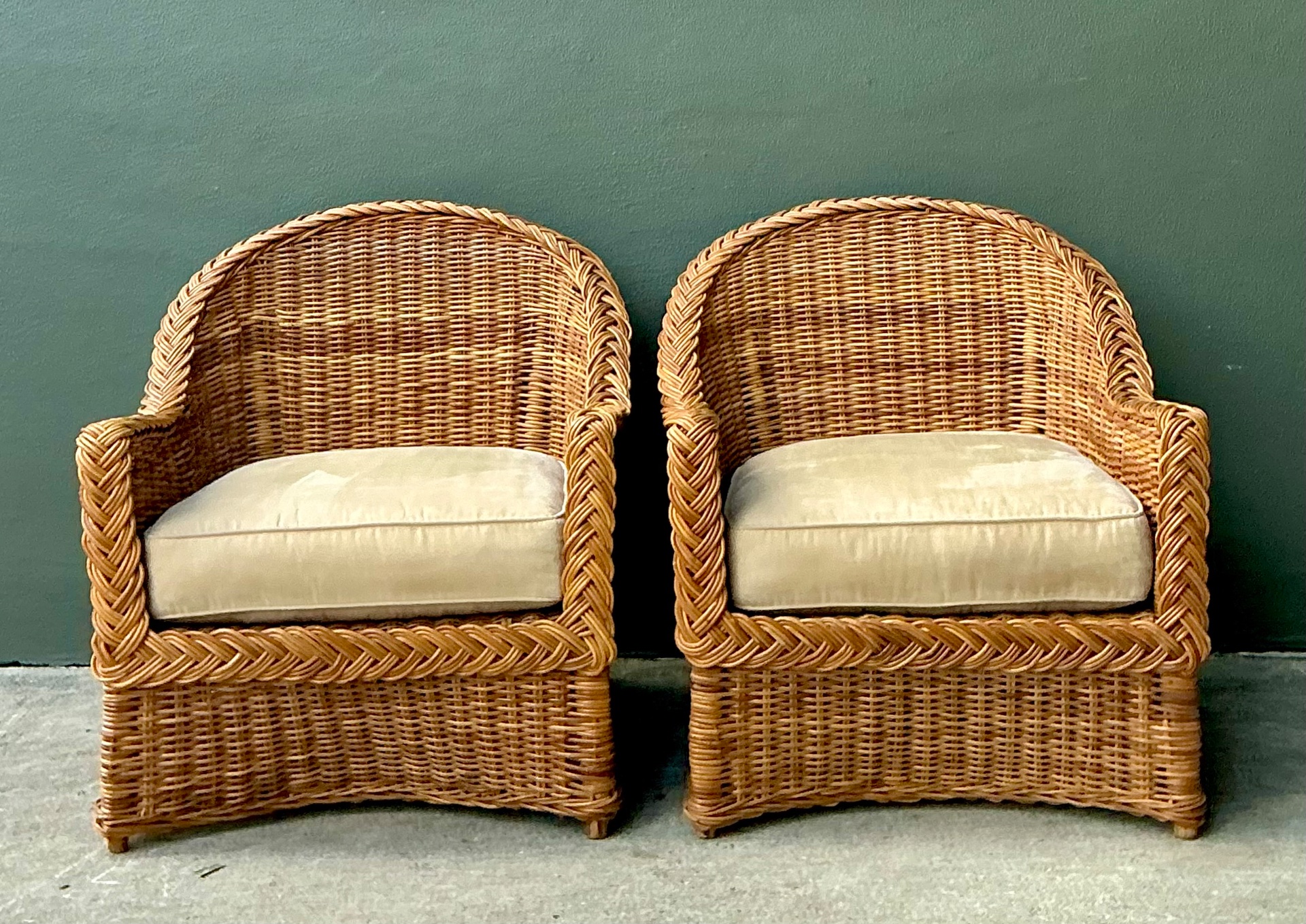 Vintage Braided Rattan Lounge Chairs - Pair - Side view