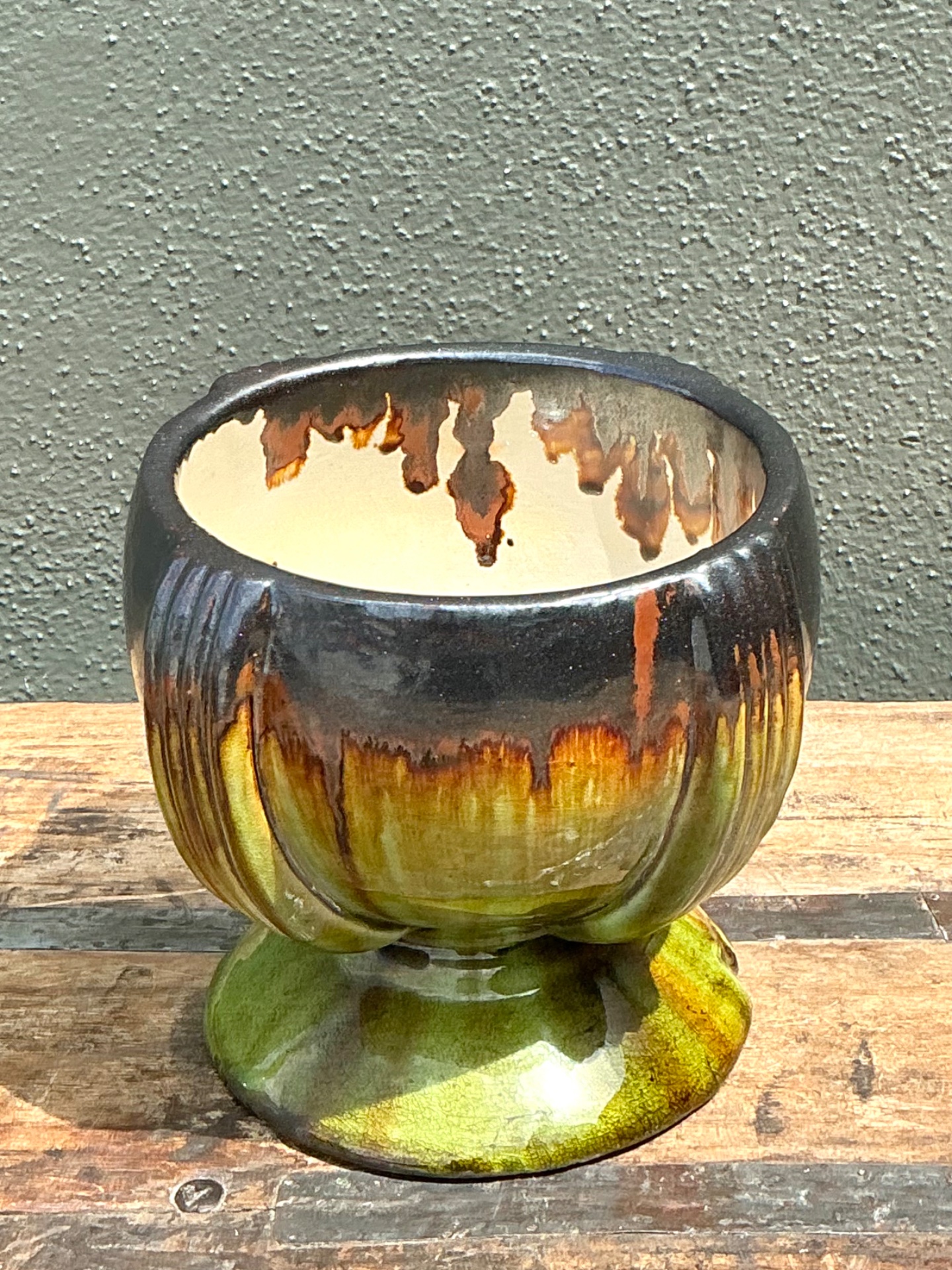 Vintage Drip Glaze Ceramic Pedestal Bowl - Detail view